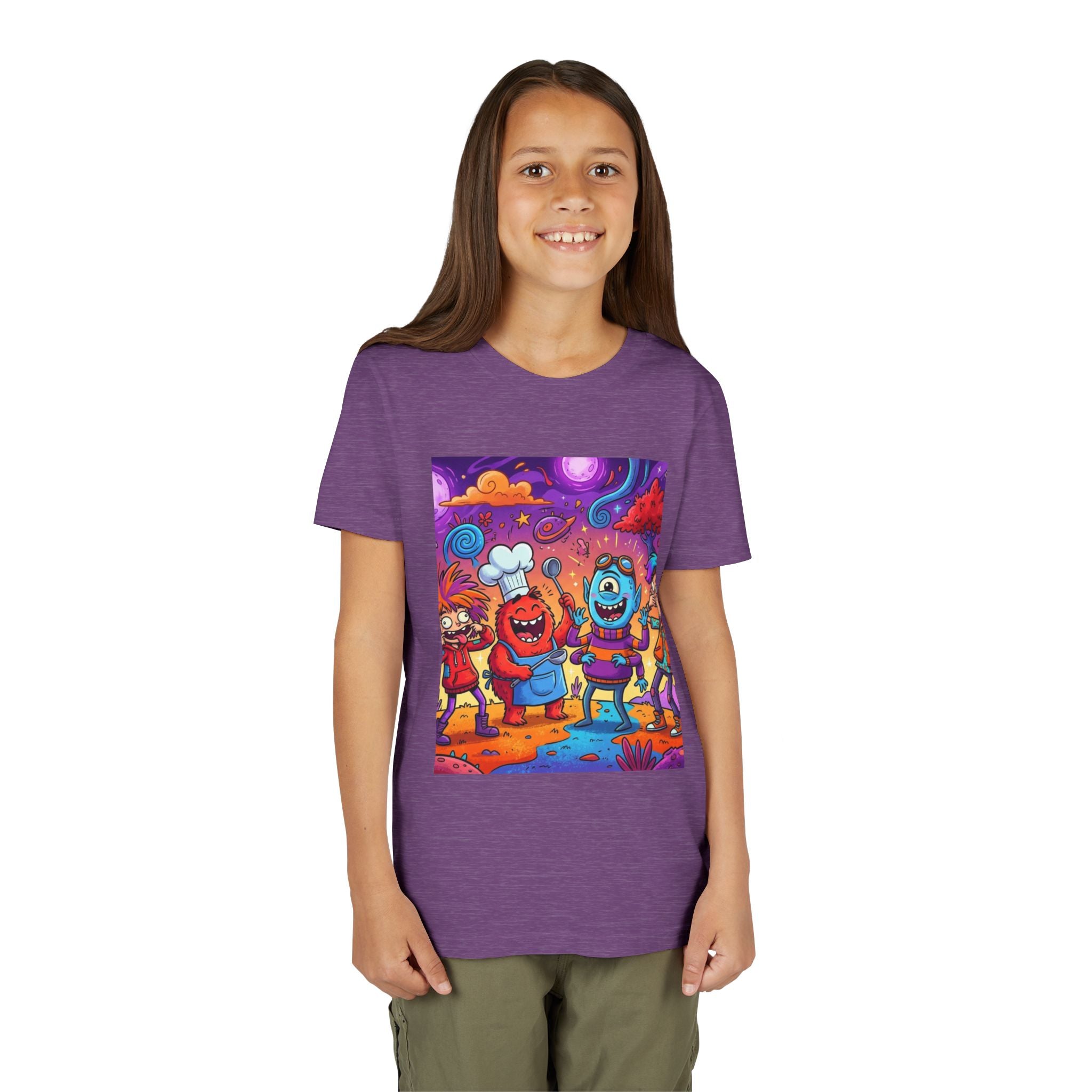 Funny Character Crew Youth Tee — Colorful Crazy Faces Graphic