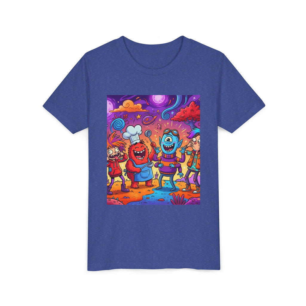 Funny Character Crew Youth Tee — Colorful Crazy Faces Graphic