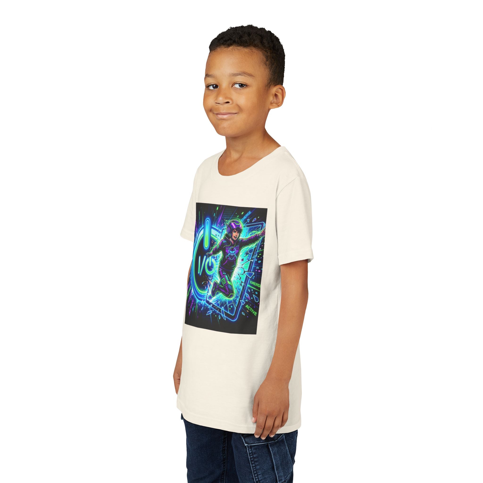 Neon Power Button Tee — Gamer Screen Escape Youth T-Shirt