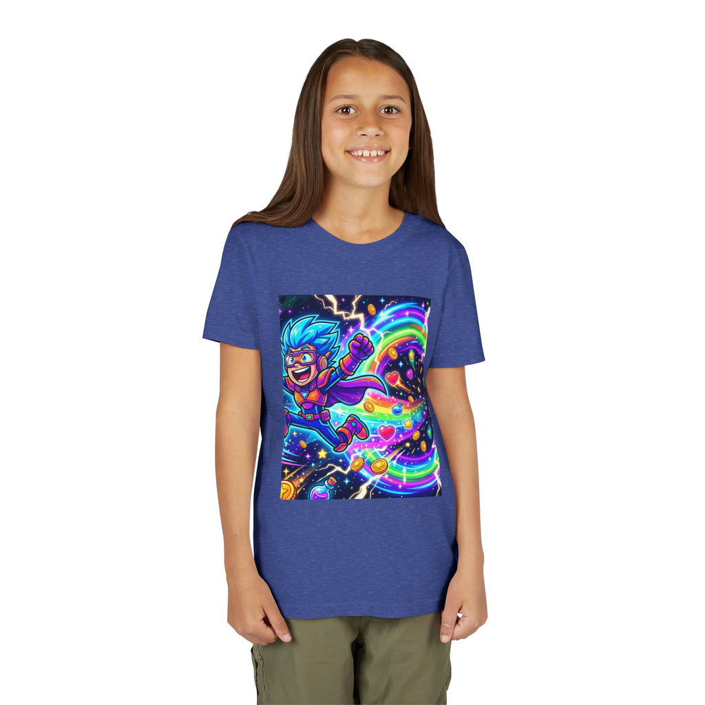 Retro Pixel Explosion Youth Tee — Smiling Avatar, Hearts, Gems & Controllers