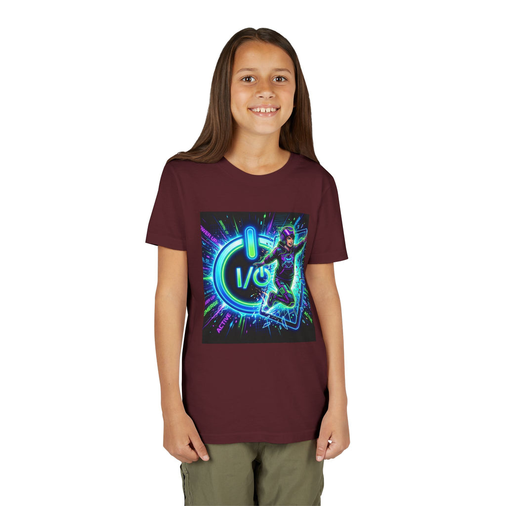 Neon Power Button Tee — Gamer Screen Escape Youth T-Shirt