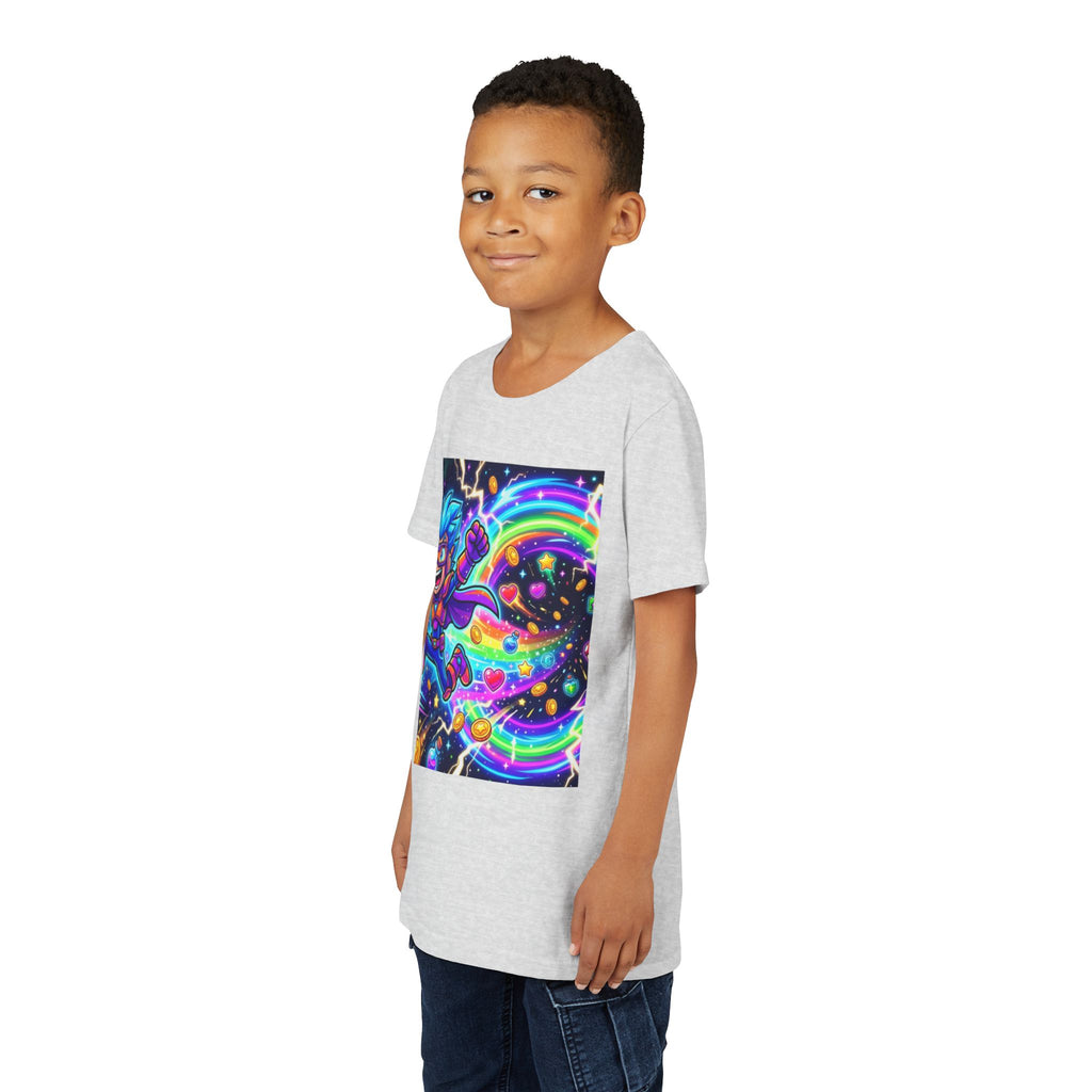 Retro Pixel Explosion Youth Tee — Smiling Avatar, Hearts, Gems & Controllers