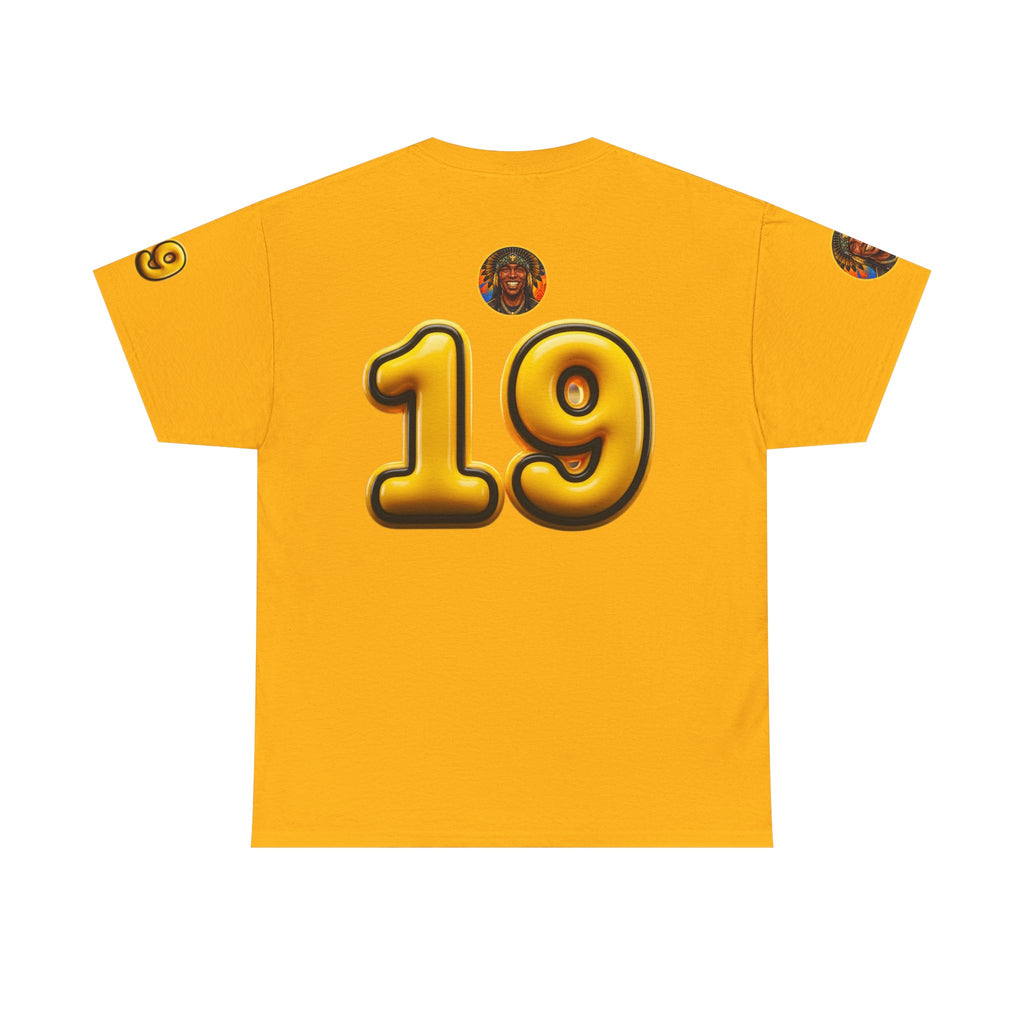 Melanated 19 Graphic Tee — Retro Script Logo & Gold Number Baseball Shirt