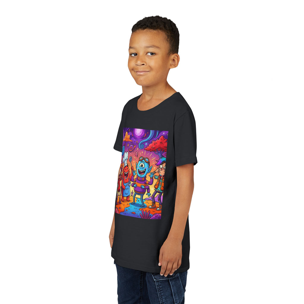 Funny Character Crew Youth Tee — Colorful Crazy Faces Graphic
