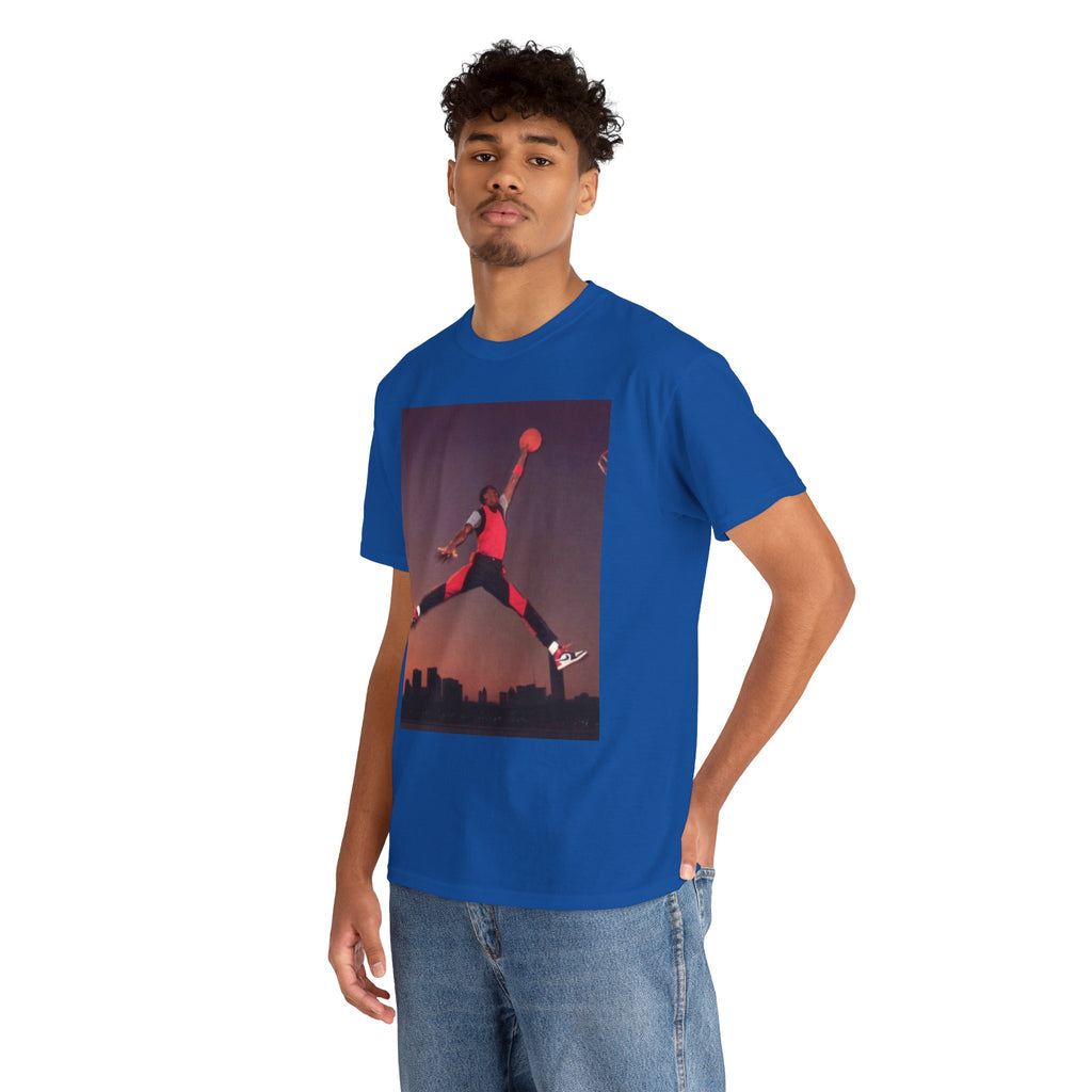 Basketball Jumpman Tee — Retro Skyline Graphic T-Shirt with Red Fist Back Emblem
