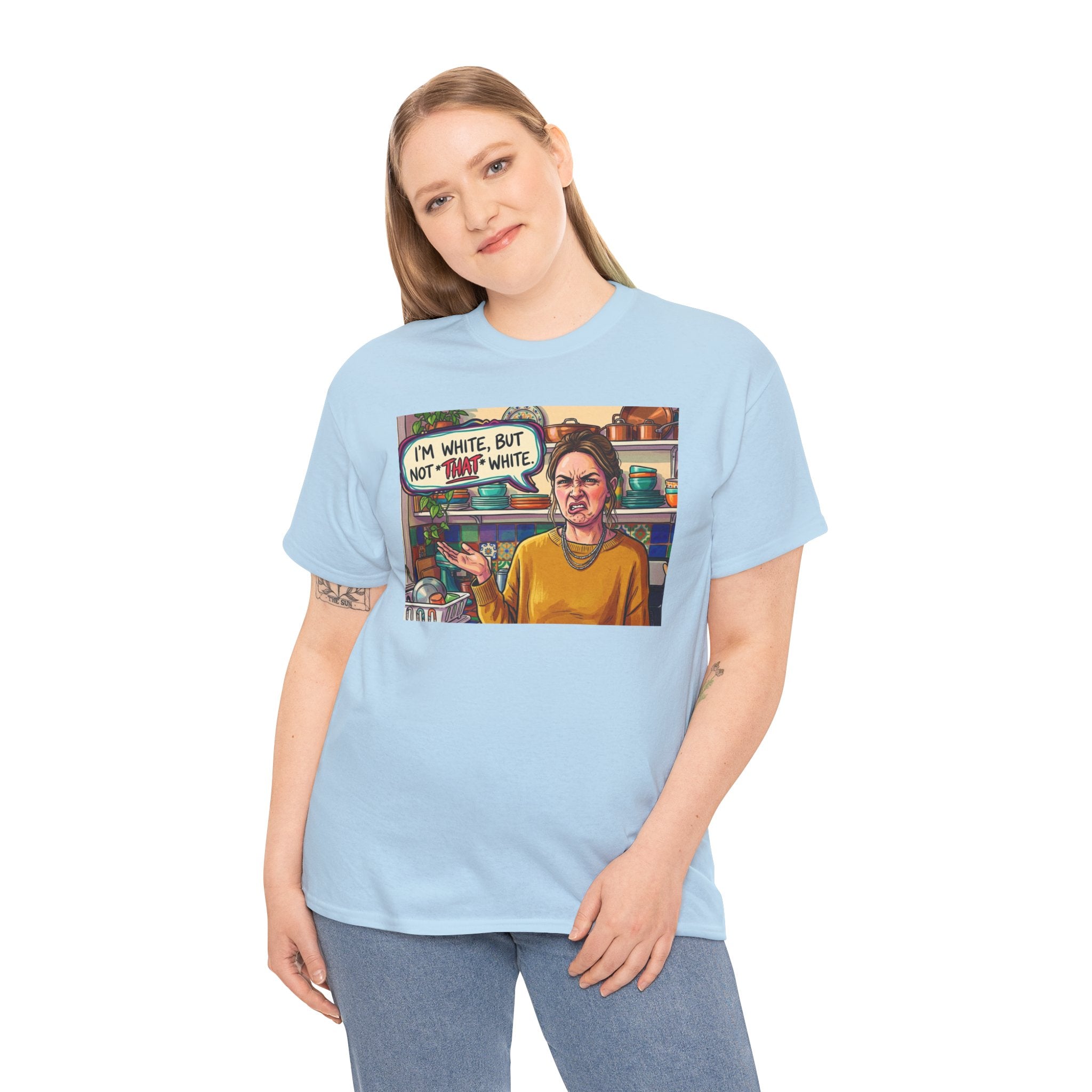 Graphic Tee — "I'm White, But Not THAT White" Illustration with Back Raised Fist Logo