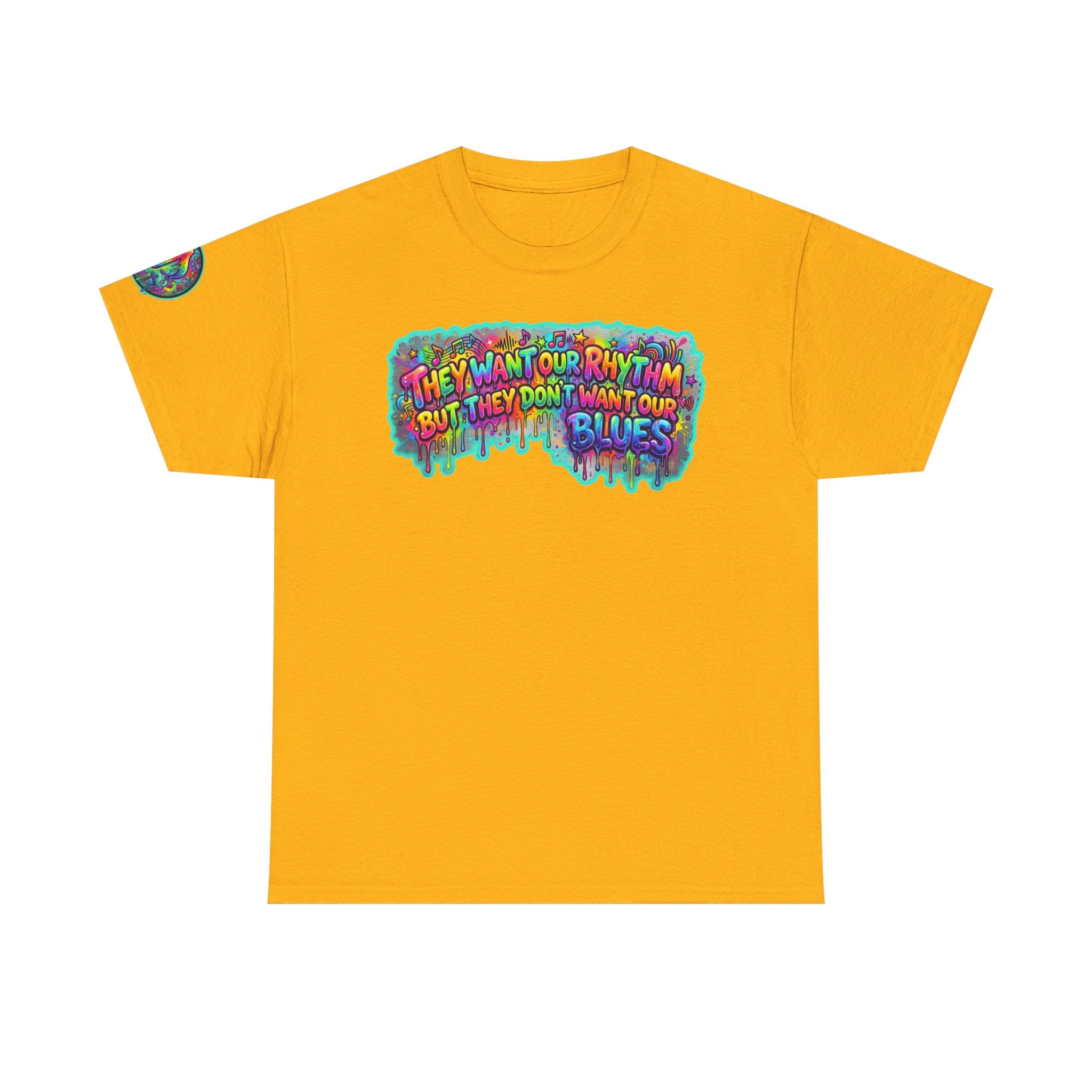 Music Vibes Tee — “They Want Our Rhythm But They Don’t Want Our Blues” Psychedelic Drip Note T-Shirt
