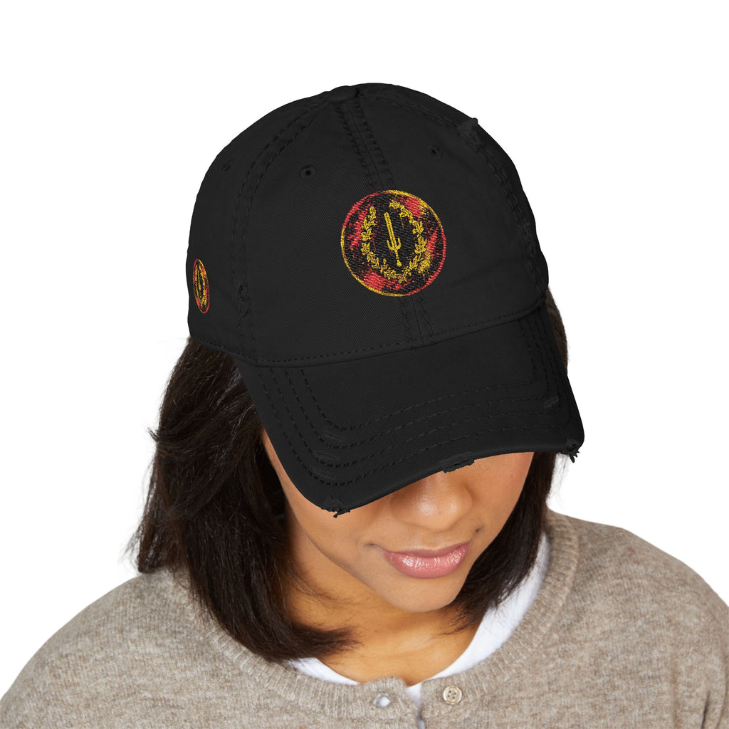 Distressed Embroidered Dad Hat — Vintage Flame Crest Cap