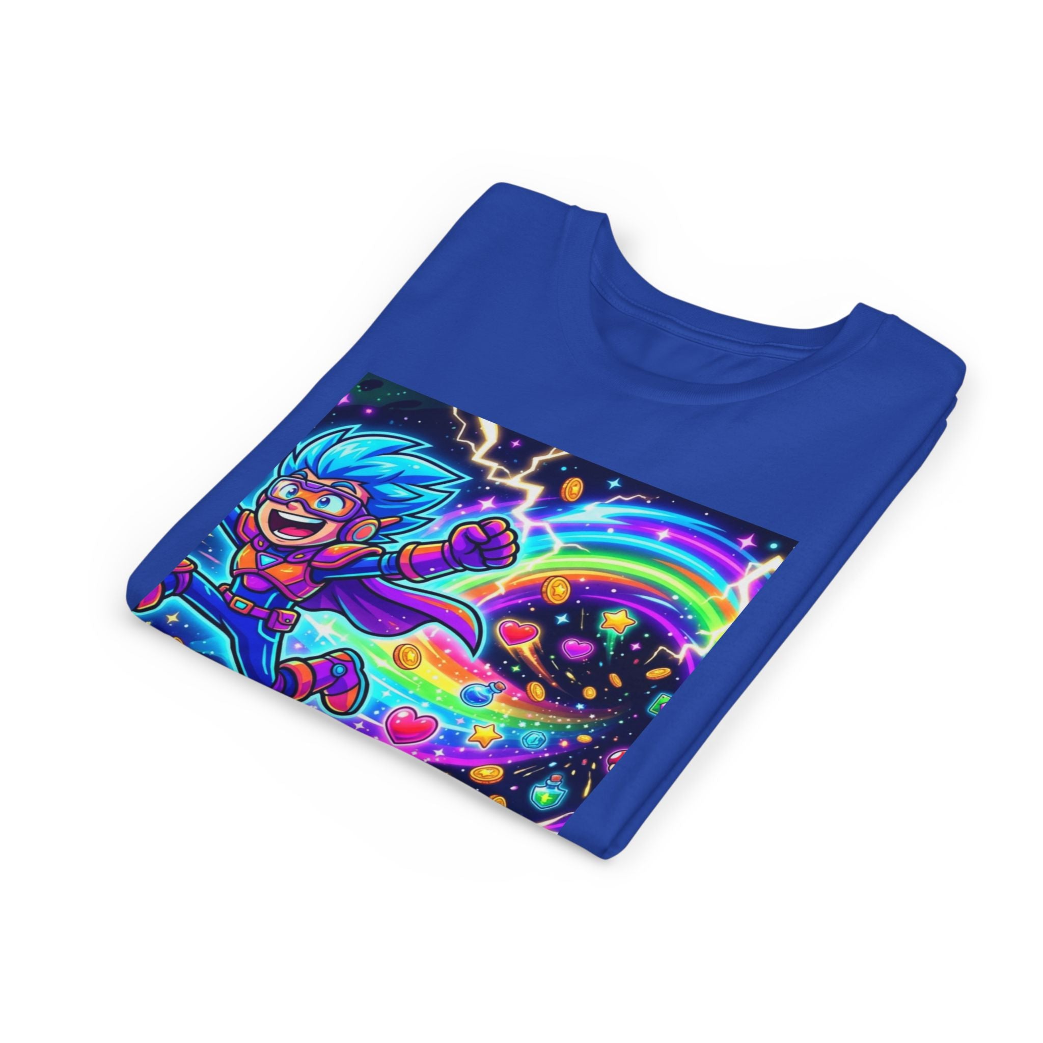 Retro Pixel Explosion Youth Tee — Smiling Avatar, Hearts, Gems & Controllers