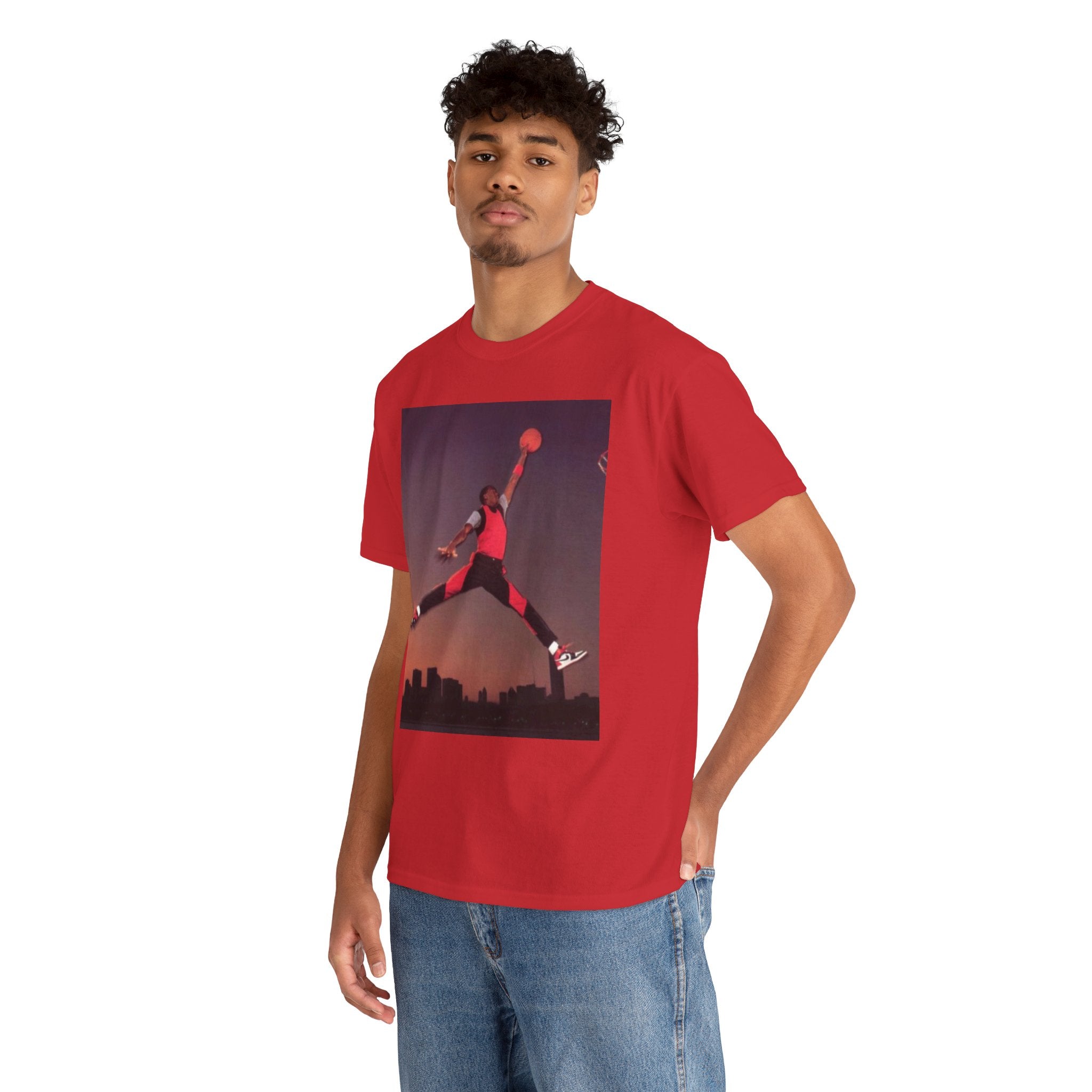 Basketball Jumpman Tee — Retro Skyline Graphic T-Shirt with Red Fist Back Emblem