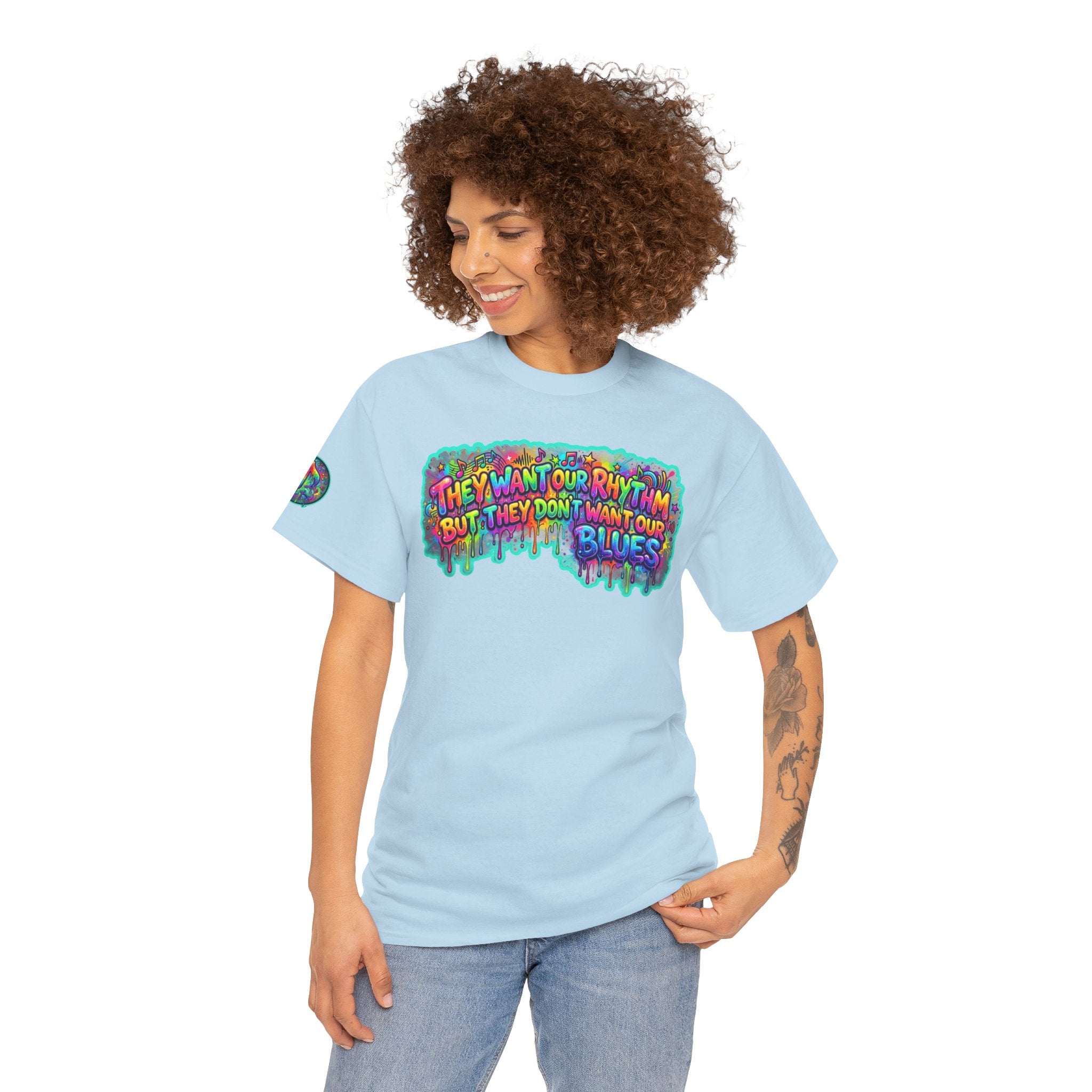 Music Vibes Tee — “They Want Our Rhythm But They Don’t Want Our Blues” Psychedelic Drip Note T-Shirt