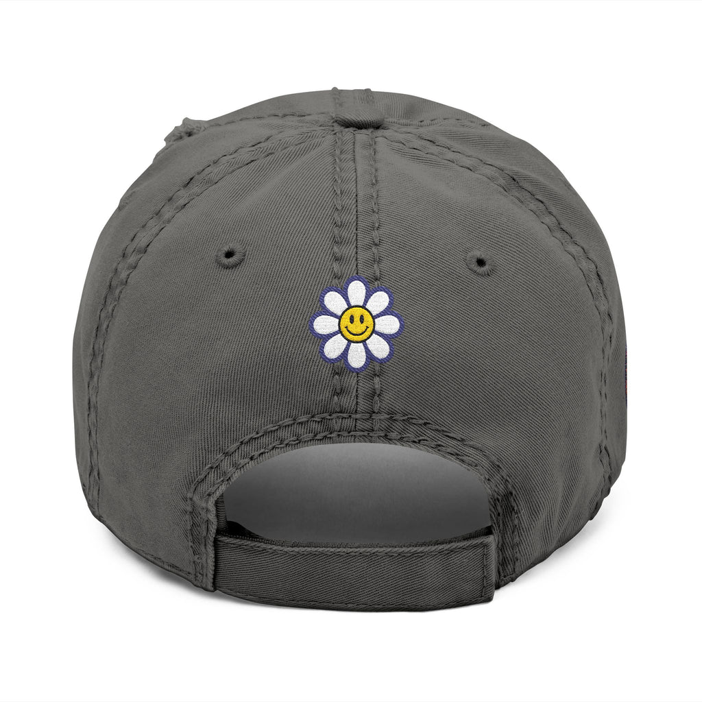 Distressed Embroidered Dad Hat — Retro Rainbow Fist & Smiley Daisy Cap
