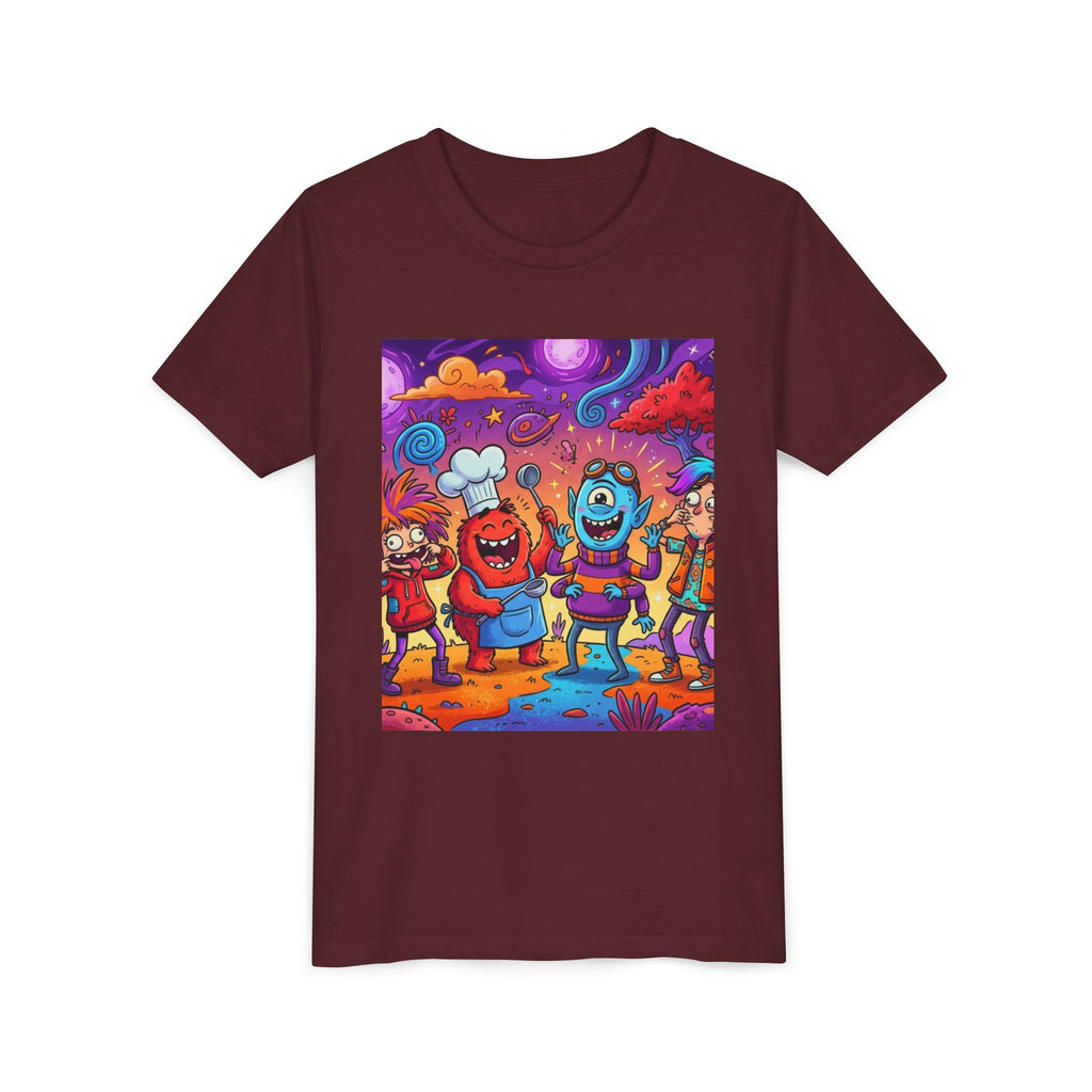Funny Character Crew Youth Tee — Colorful Crazy Faces Graphic