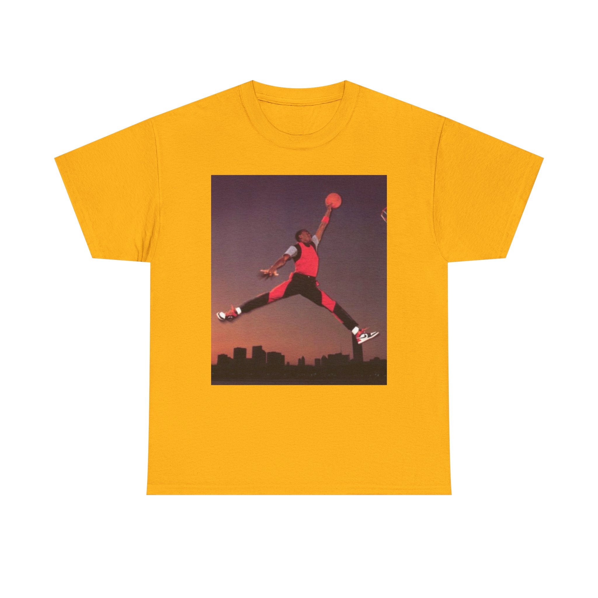 Basketball Jumpman Tee — Retro Skyline Graphic T-Shirt with Red Fist Back Emblem