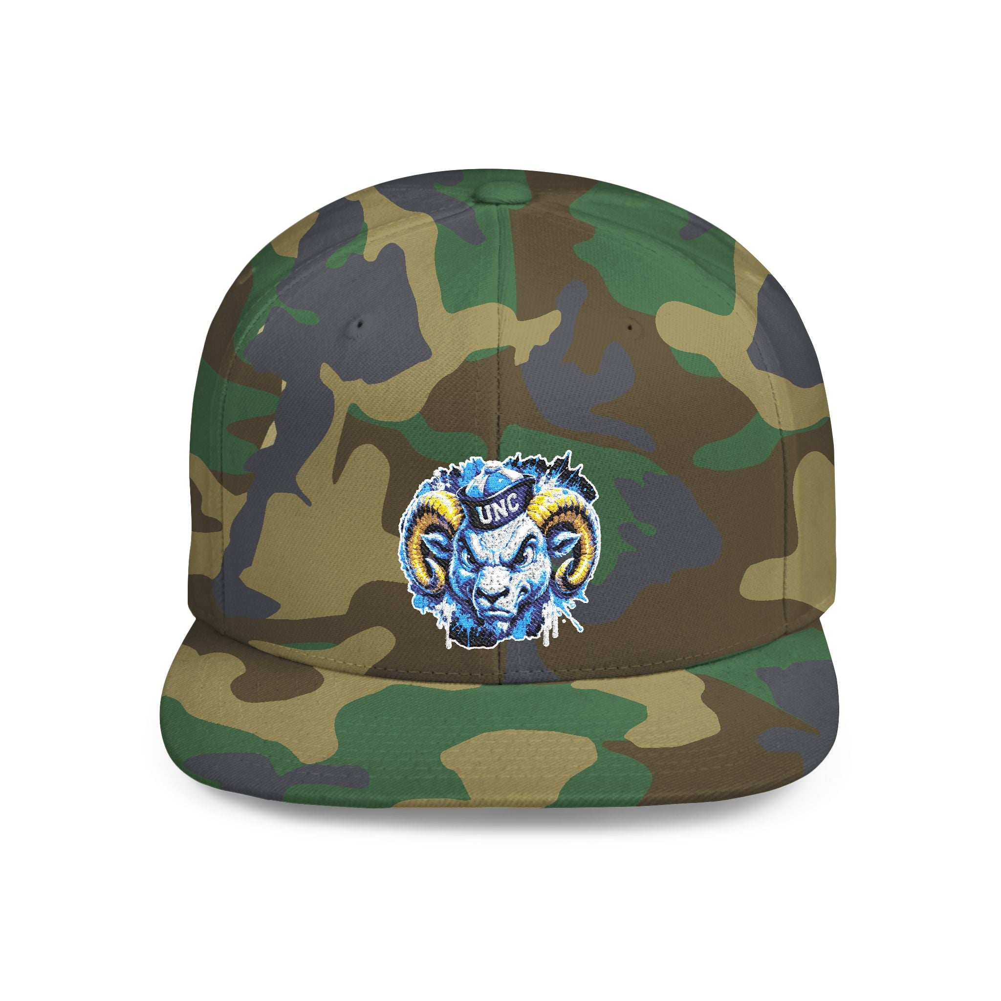 Ram Head Snapback Hat — Blue & Gold Embroidered Flat-Bill Cap