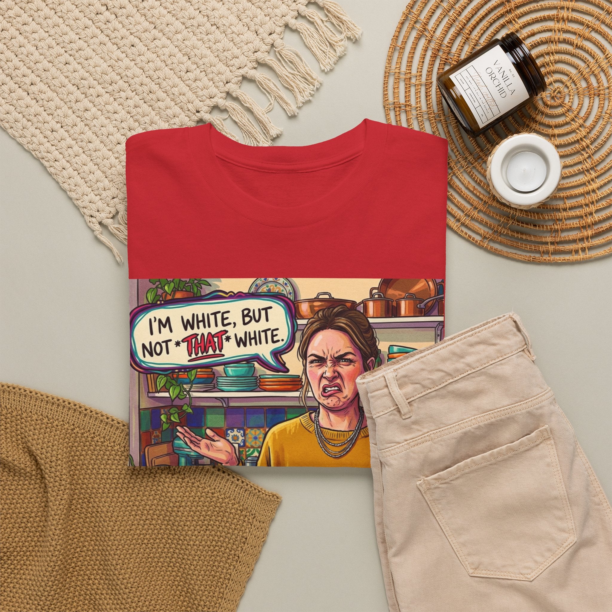 Graphic Tee — "I'm White, But Not THAT White" Illustration with Back Raised Fist Logo