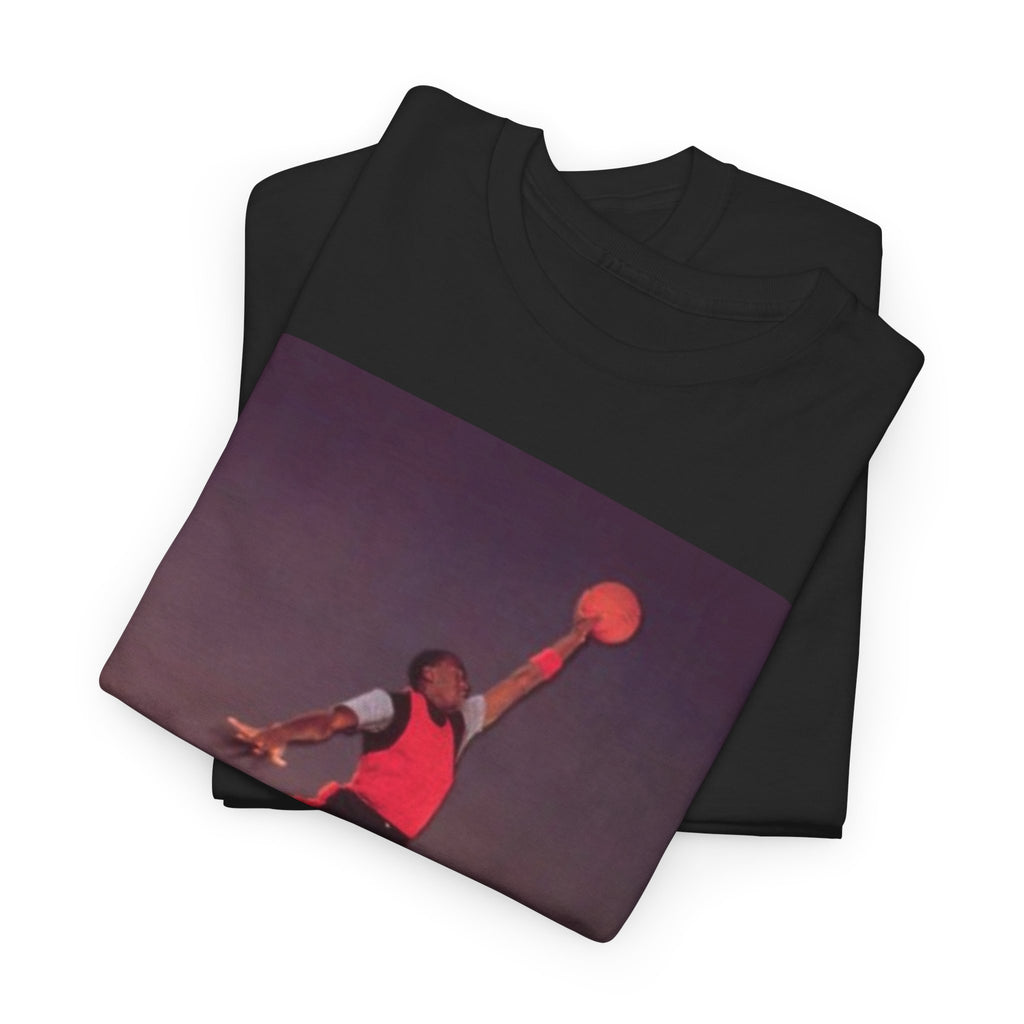 Basketball Jumpman Tee — Retro Skyline Graphic T-Shirt with Red Fist Back Emblem