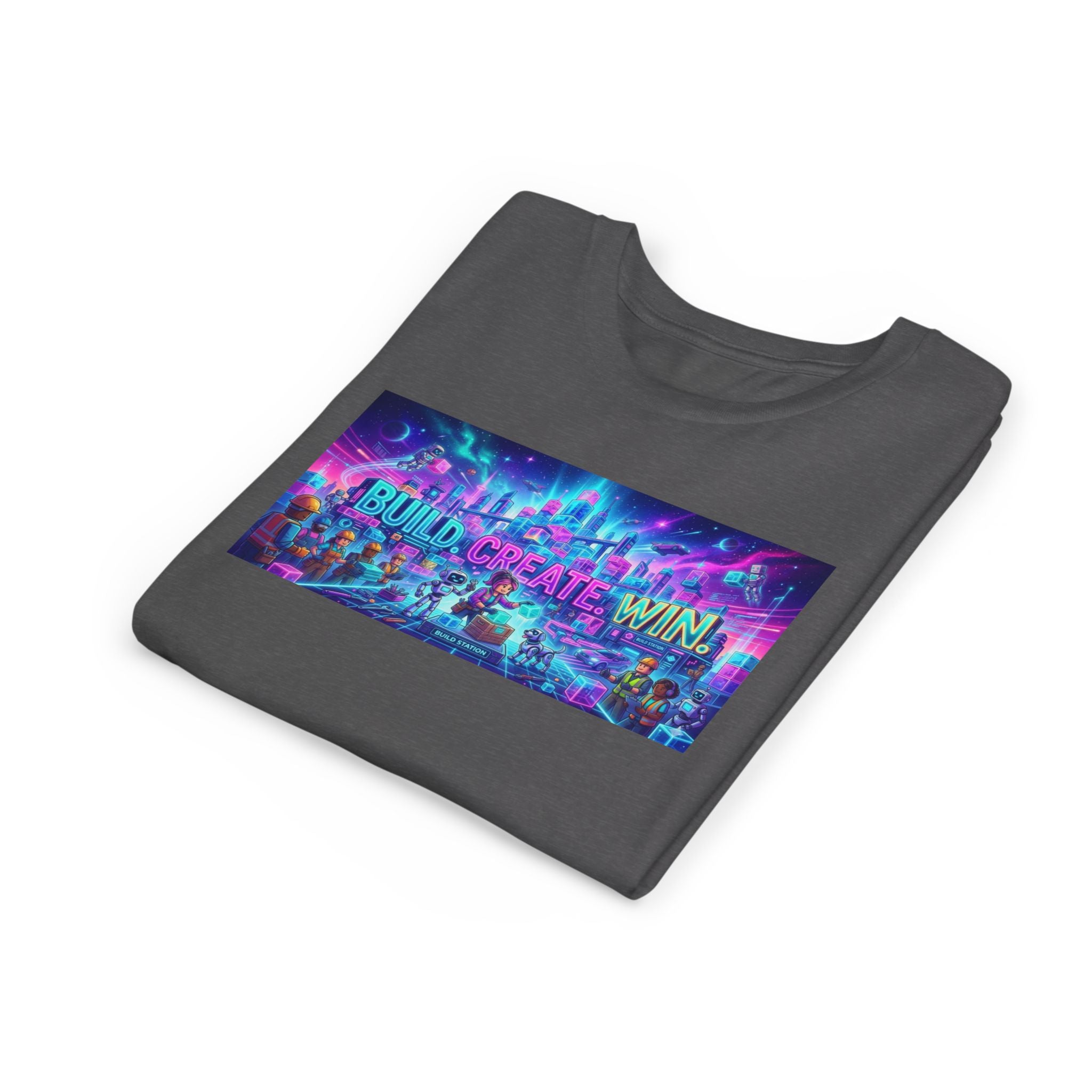 Youth Tee — “BUILD. CREATE. WIN.” Neon Builder City Design