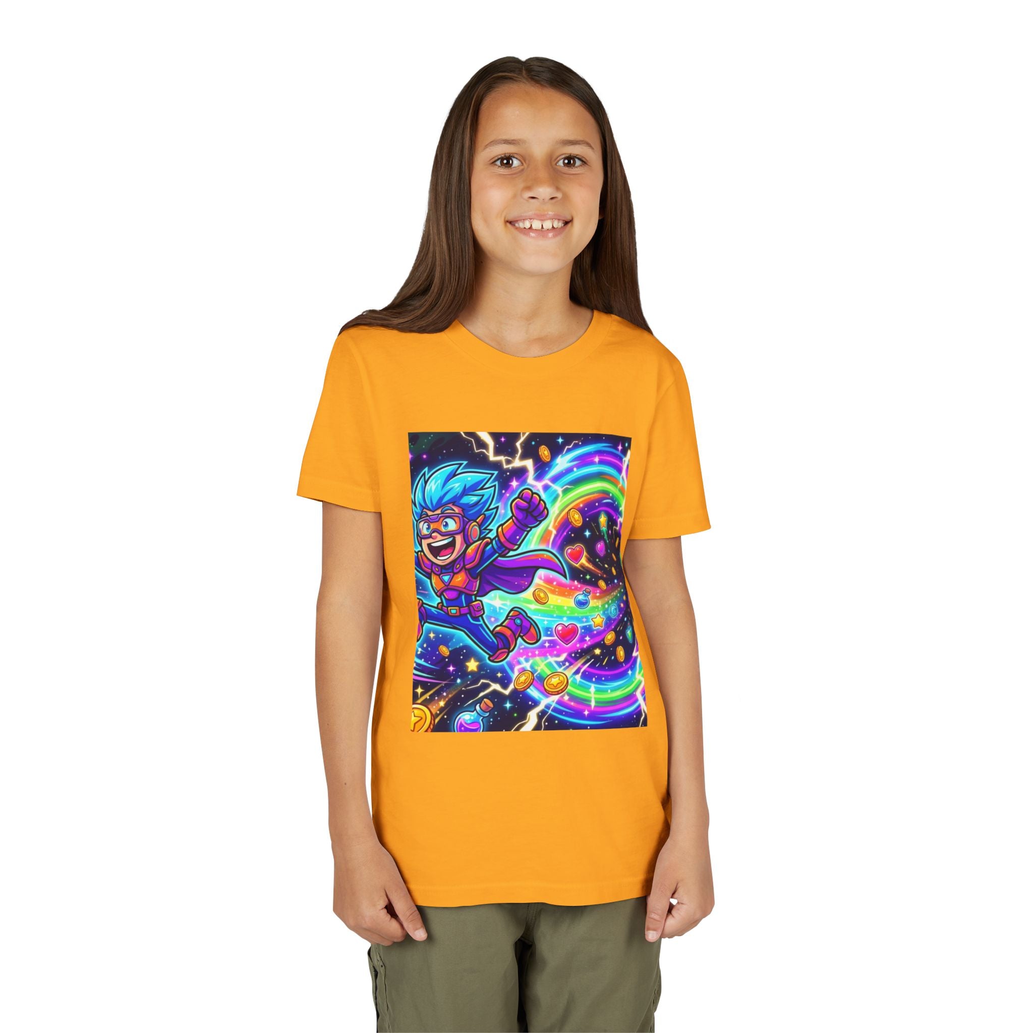 Retro Pixel Explosion Youth Tee — Smiling Avatar, Hearts, Gems & Controllers