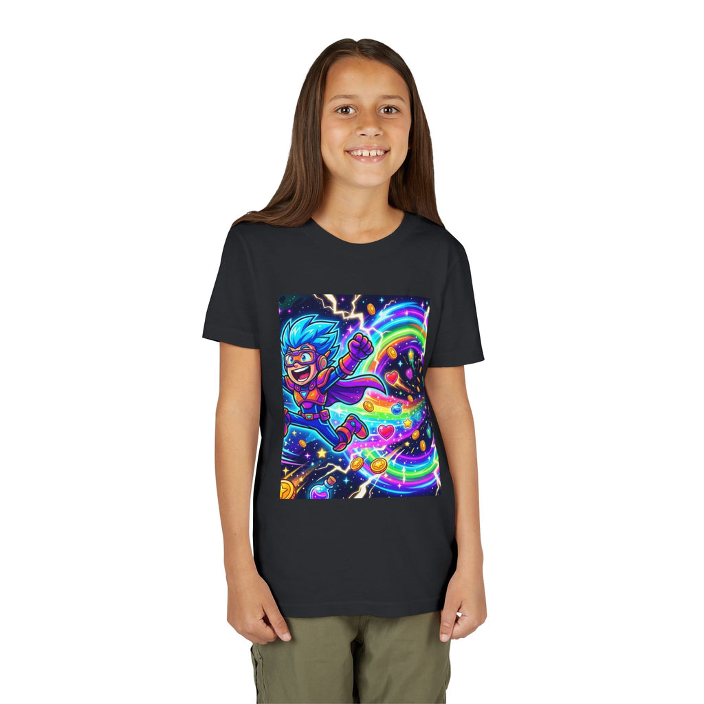 Retro Pixel Explosion Youth Tee — Smiling Avatar, Hearts, Gems & Controllers