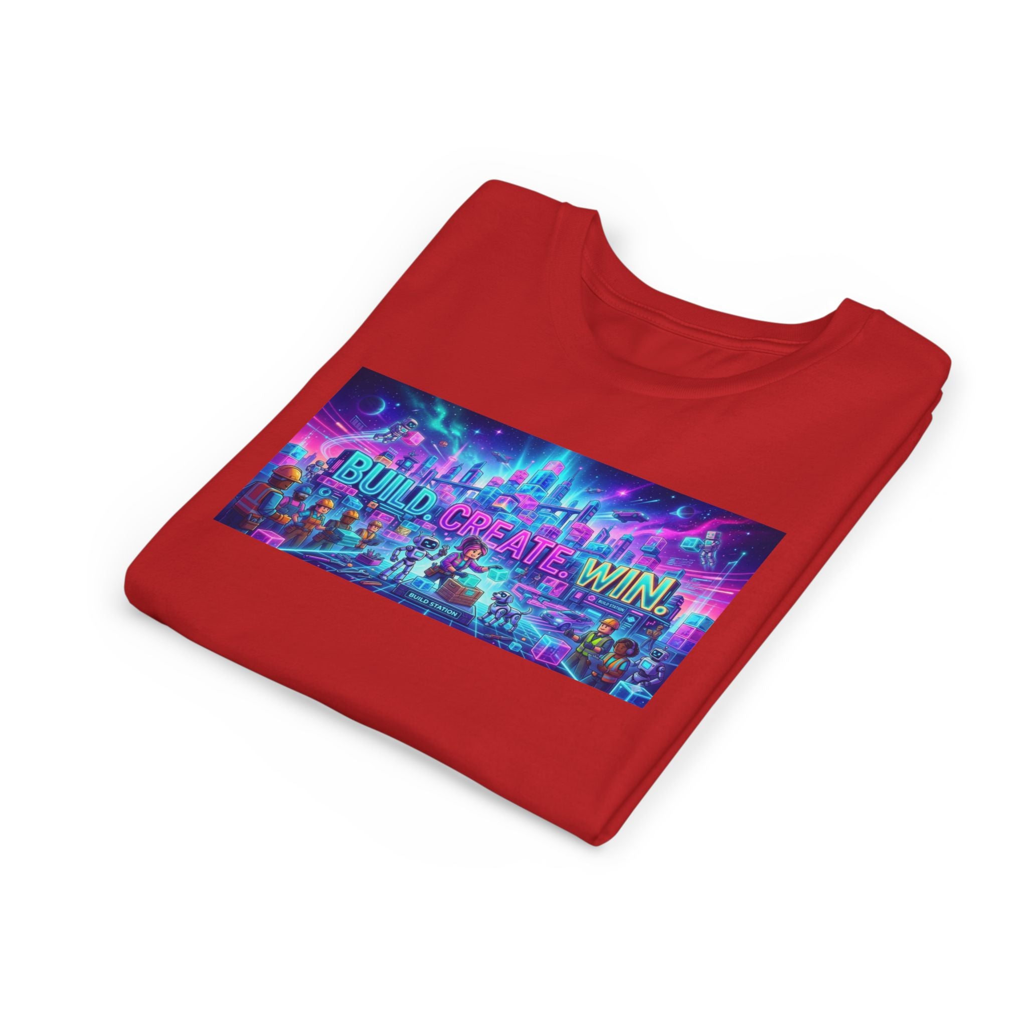 Youth Tee — “BUILD. CREATE. WIN.” Neon Builder City Design