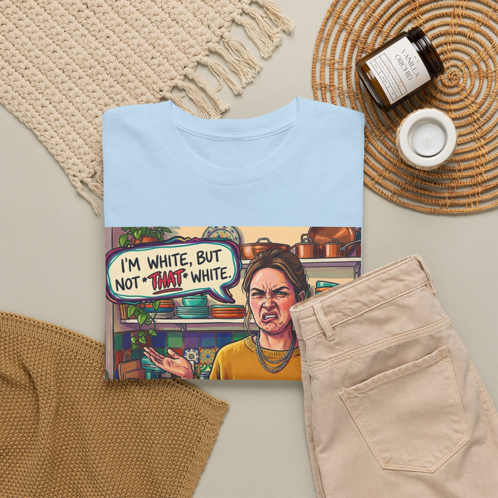Graphic Tee — "I'm White, But Not THAT White" Illustration with Back Raised Fist Logo
