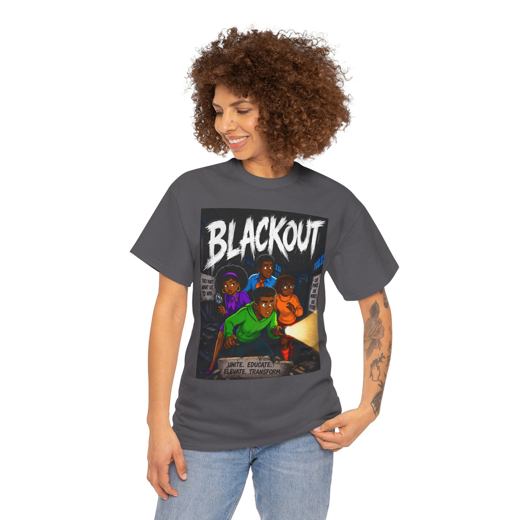 Blackout Graphic Tee — Urban Comic Poster Design with Back Fist Logo