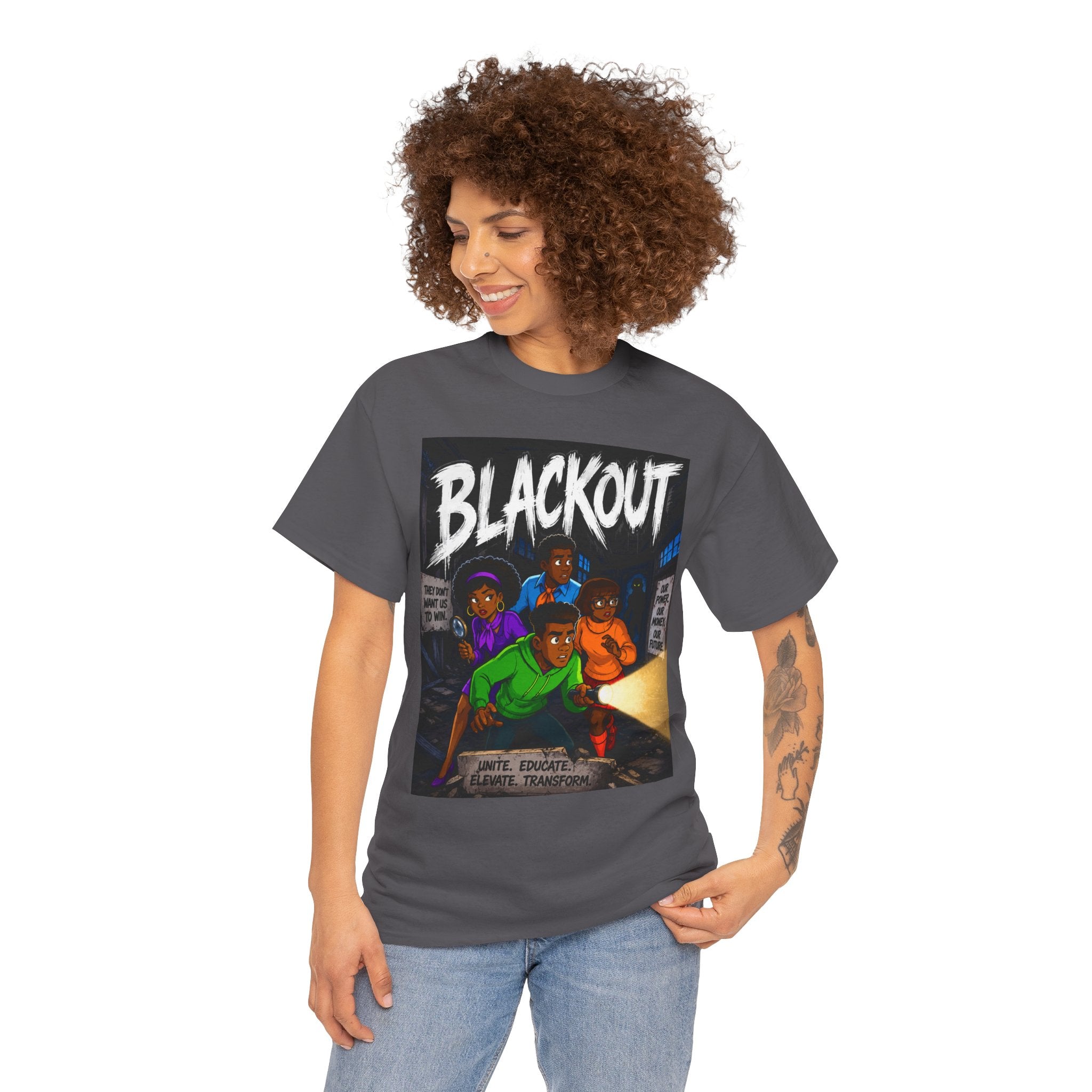 Blackout Graphic Tee — Urban Comic Poster Design with Back Fist Logo