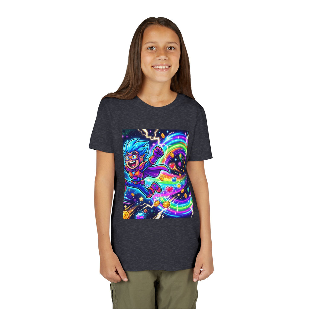 Retro Pixel Explosion Youth Tee — Smiling Avatar, Hearts, Gems & Controllers