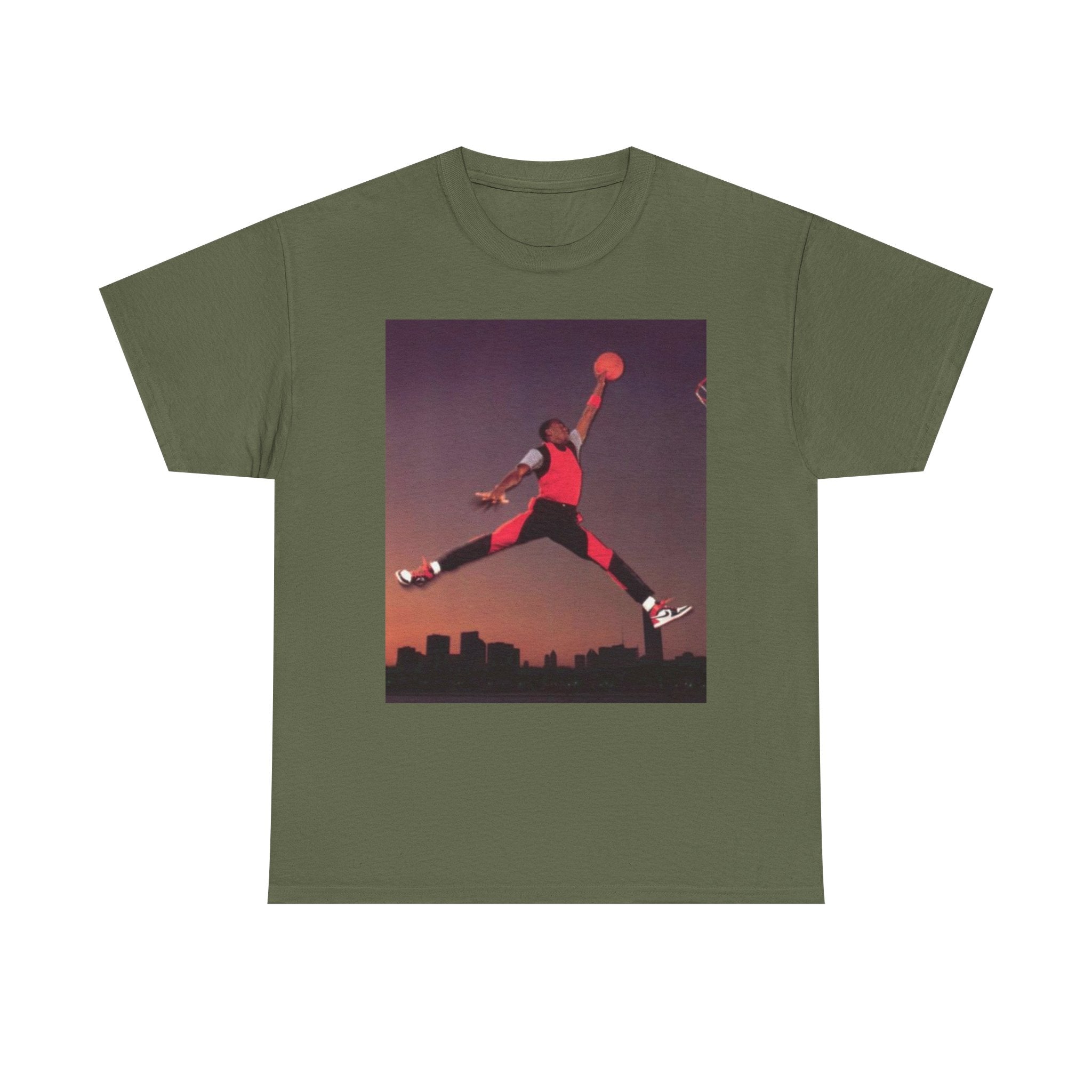 Basketball Jumpman Tee — Retro Skyline Graphic T-Shirt with Red Fist Back Emblem