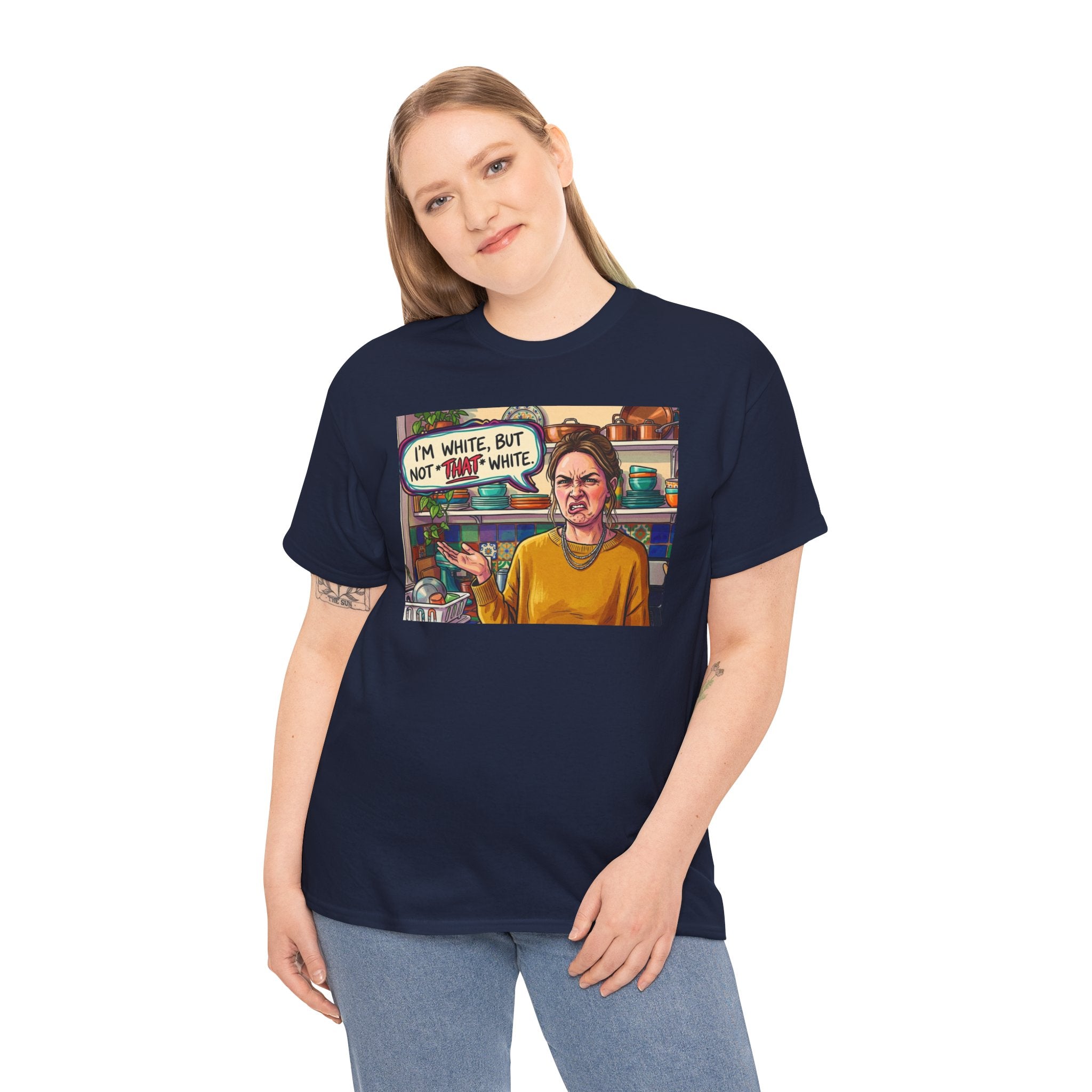 Graphic Tee — "I'm White, But Not THAT White" Illustration with Back Raised Fist Logo