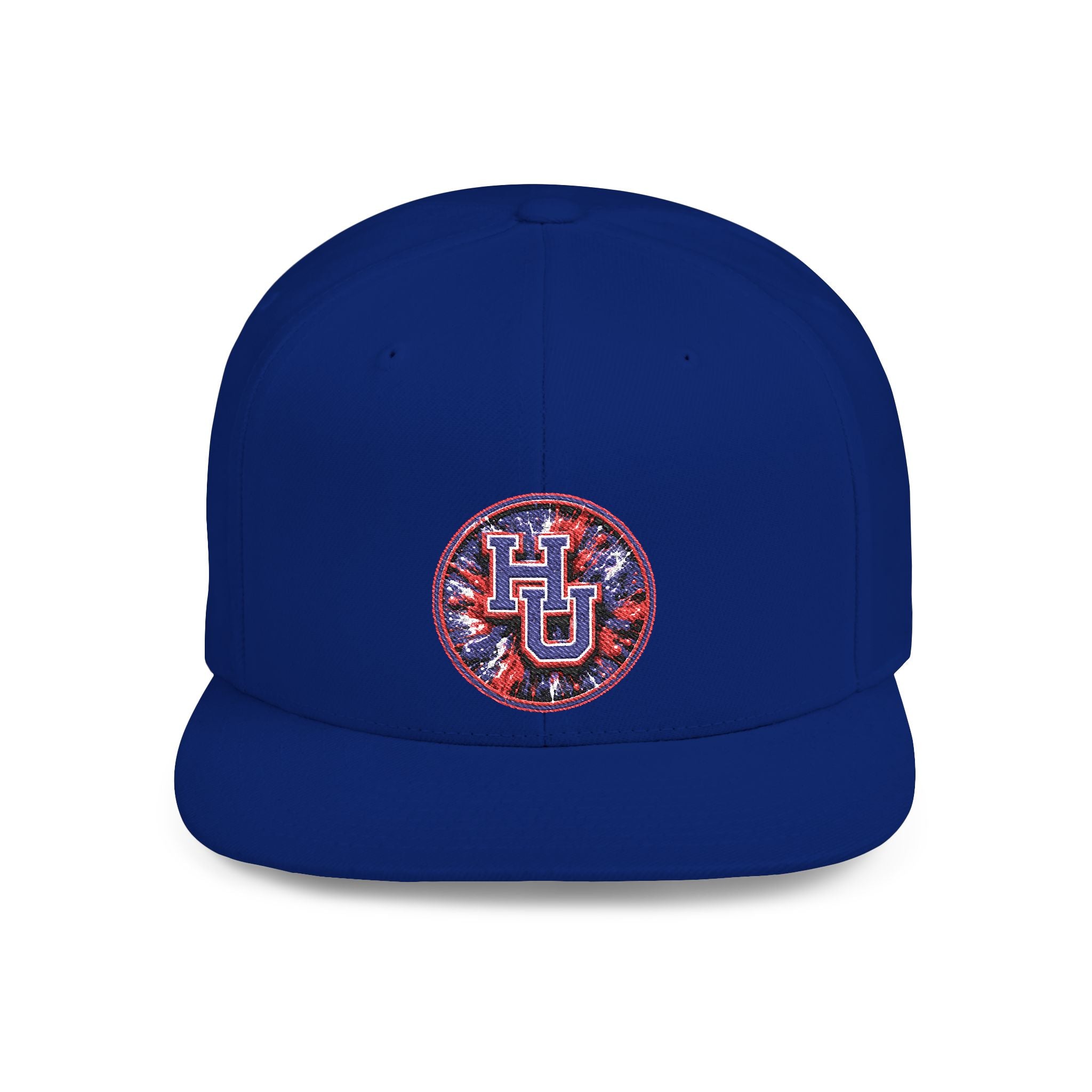HU Logo Flat Bill Snapback Hat — Red & Blue Sequin Patch Cap