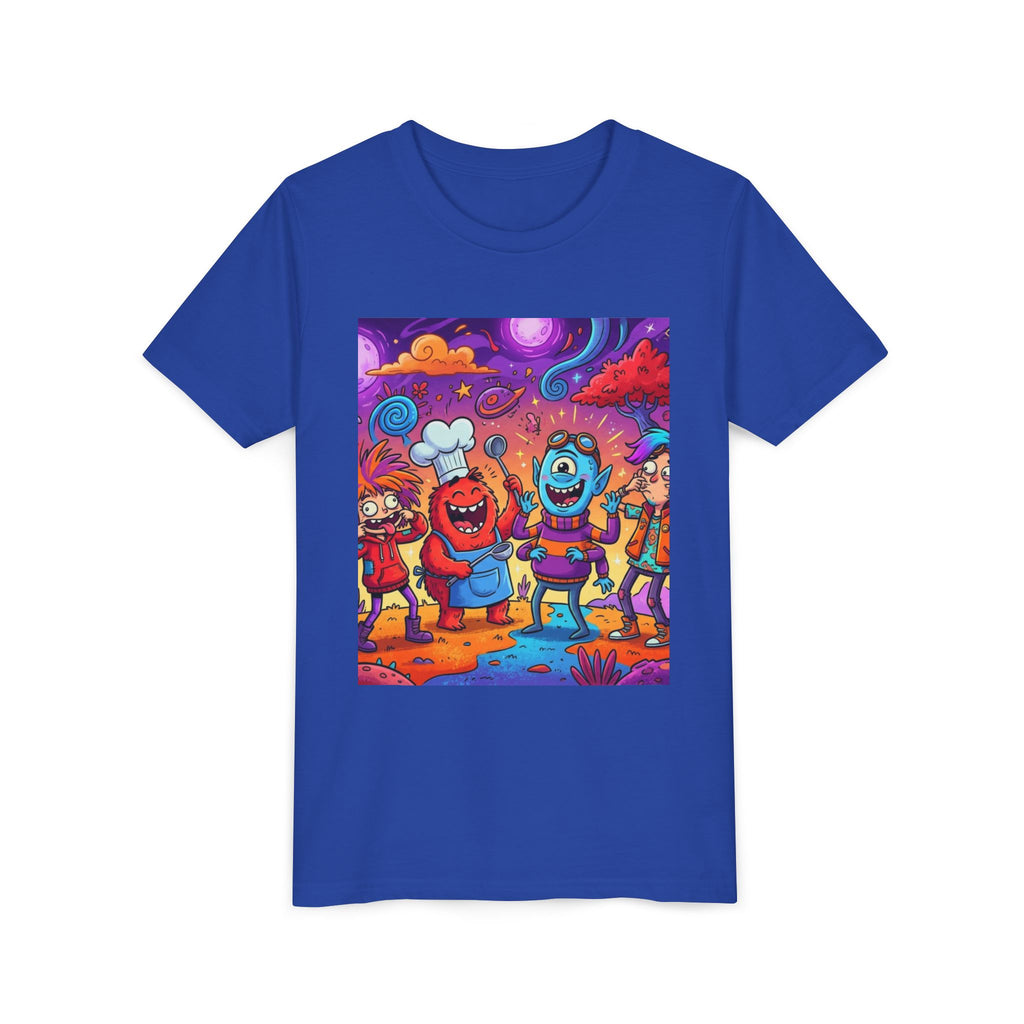 Funny Character Crew Youth Tee — Colorful Crazy Faces Graphic