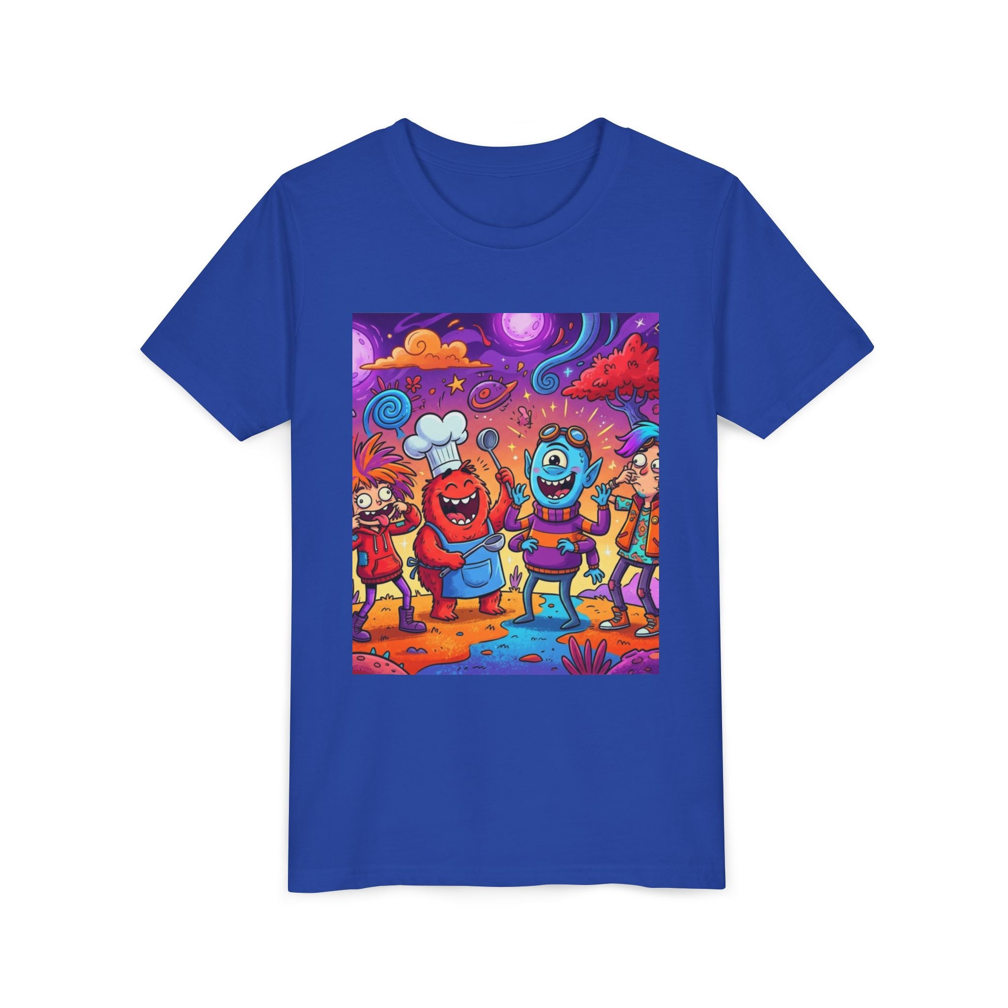 Funny Character Crew Youth Tee — Colorful Crazy Faces Graphic