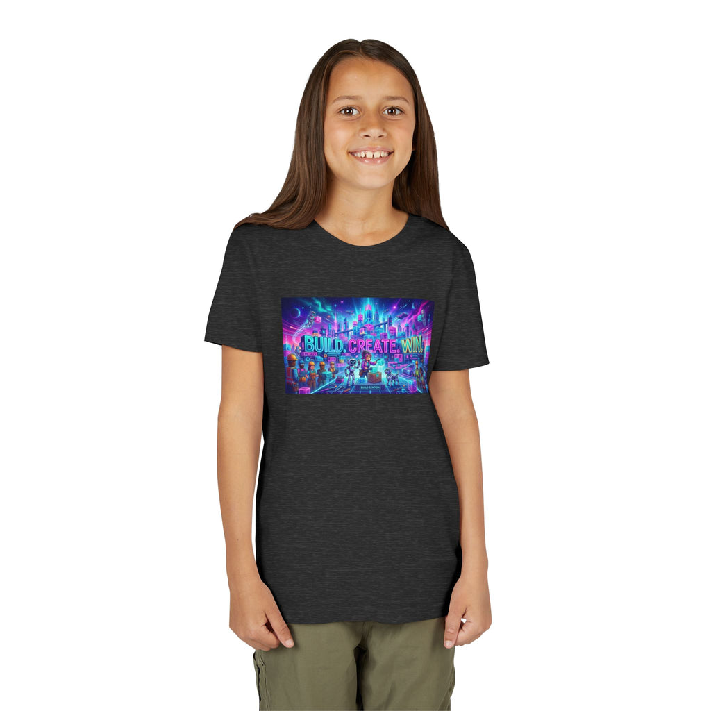 Youth Tee — “BUILD. CREATE. WIN.” Neon Builder City Design