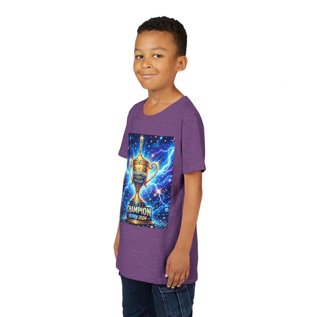 Youth Trophy Lightning Tee — Winning Kids' Short Sleeve Shirt with Stars & Confetti