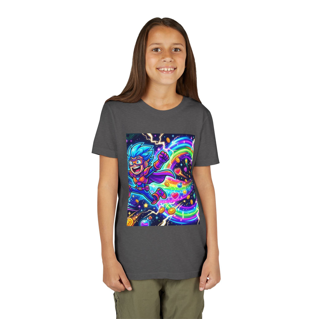 Retro Pixel Explosion Youth Tee — Smiling Avatar, Hearts, Gems & Controllers