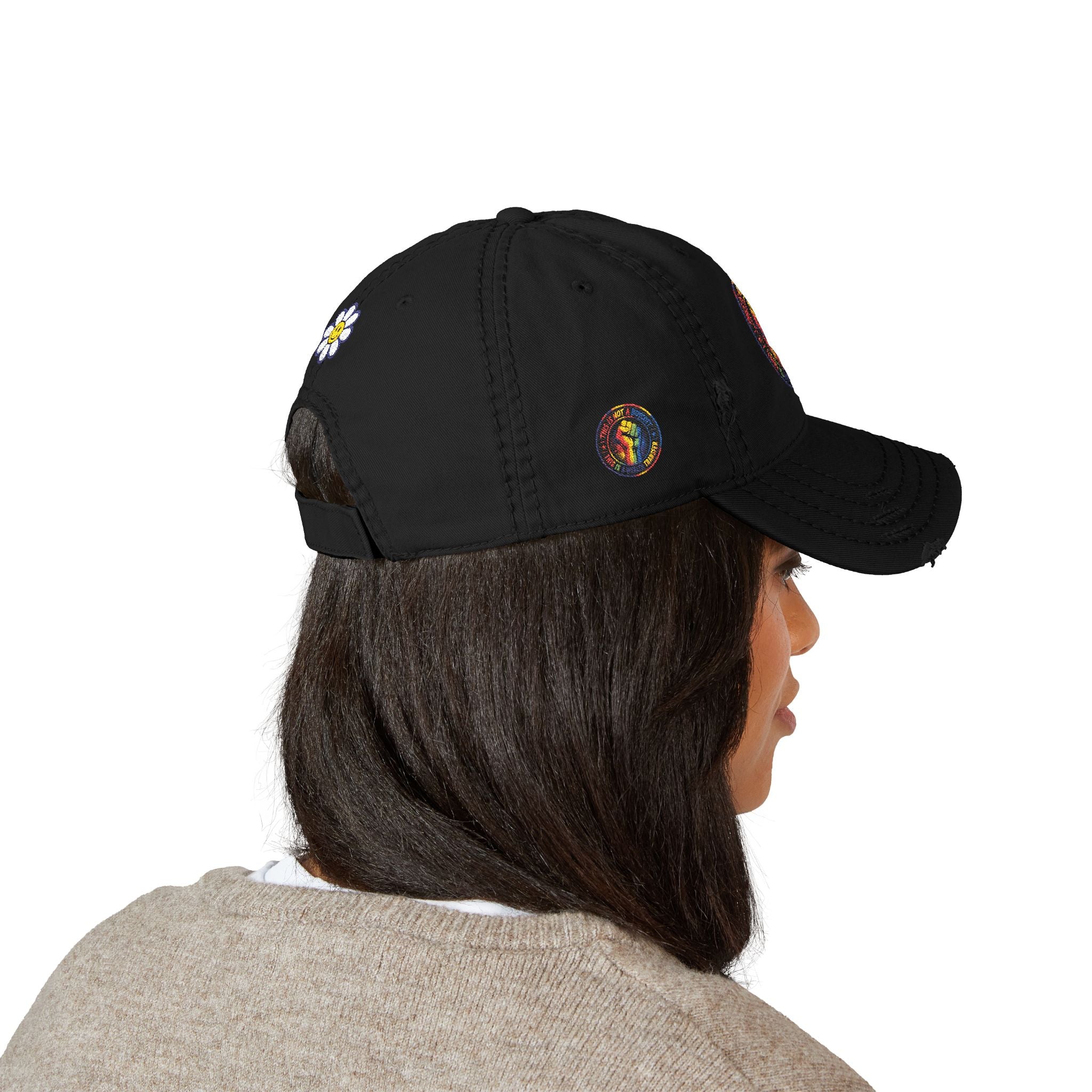 Distressed Embroidered Dad Hat — Retro Rainbow Fist & Smiley Daisy Cap