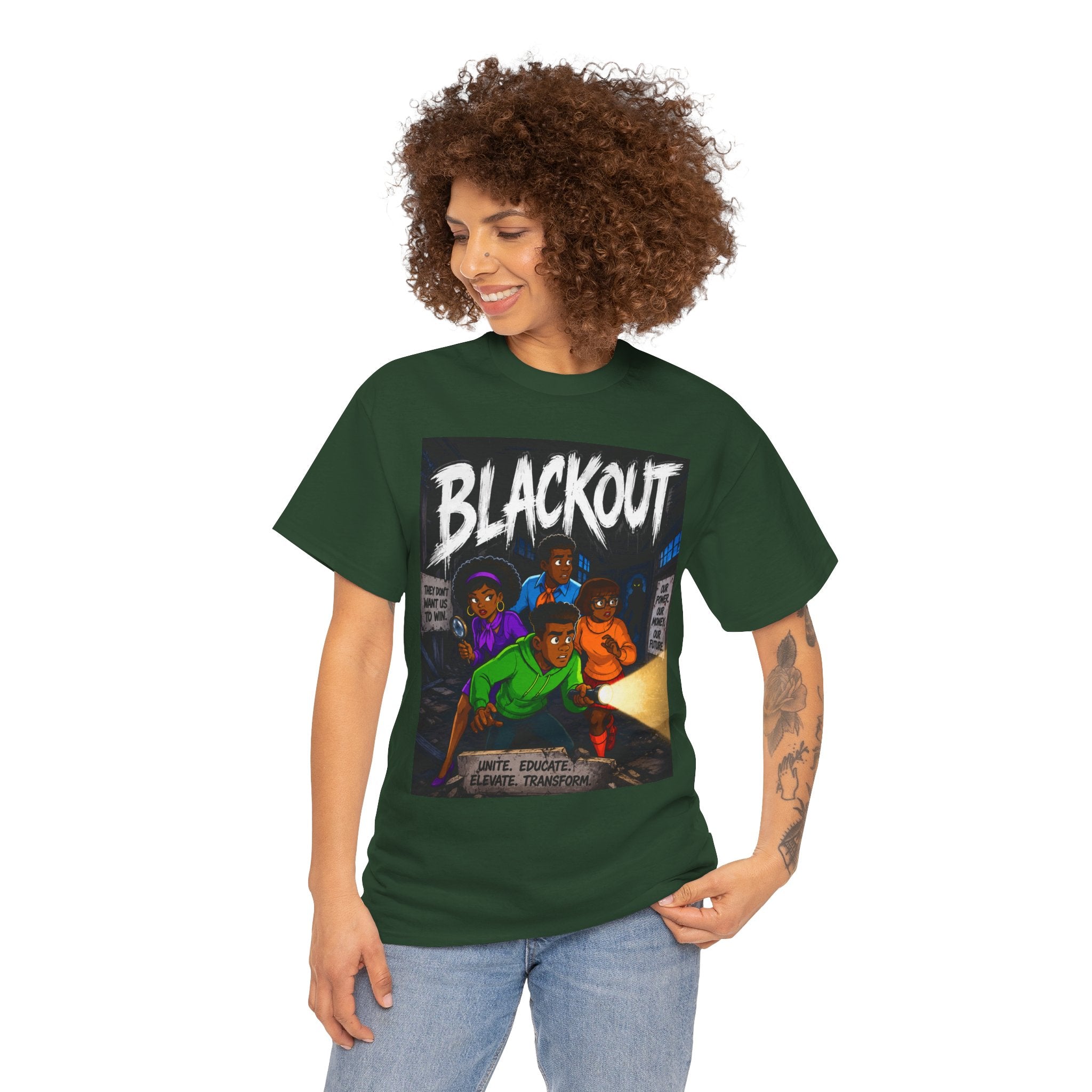 Blackout Graphic Tee — Urban Comic Poster Design with Back Fist Logo