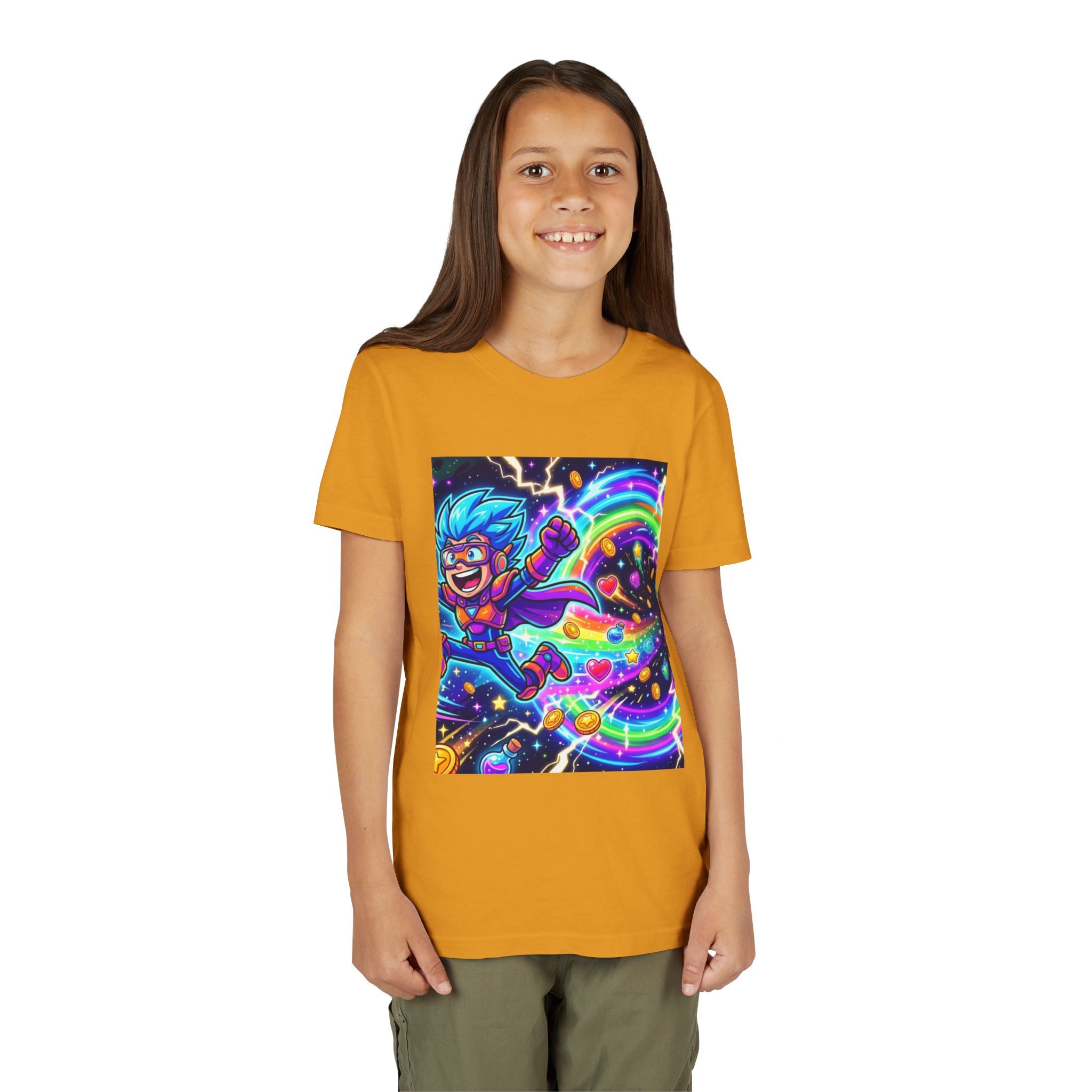 Retro Pixel Explosion Youth Tee — Smiling Avatar, Hearts, Gems & Controllers