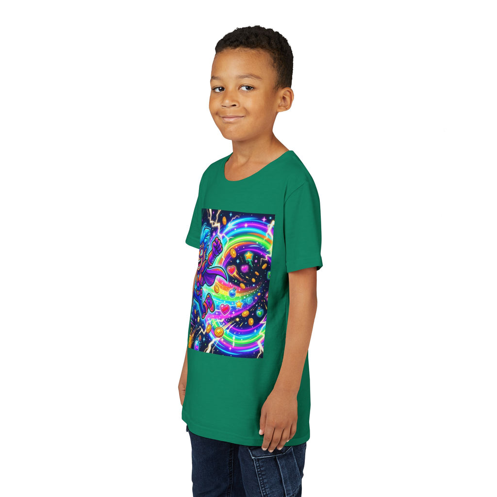 Retro Pixel Explosion Youth Tee — Smiling Avatar, Hearts, Gems & Controllers