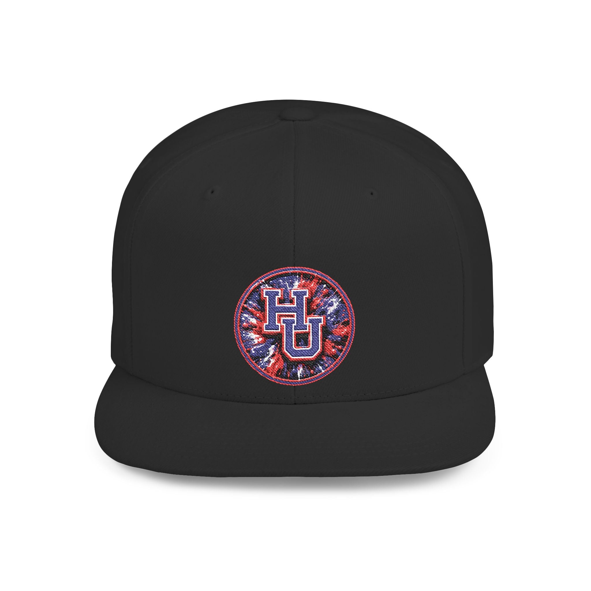 HU Logo Flat Bill Snapback Hat — Red & Blue Sequin Patch Cap