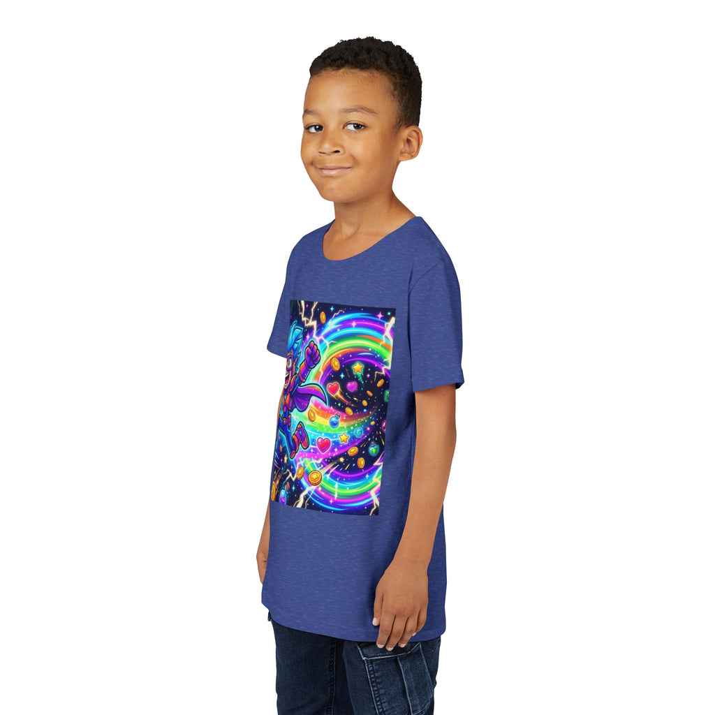 Retro Pixel Explosion Youth Tee — Smiling Avatar, Hearts, Gems & Controllers