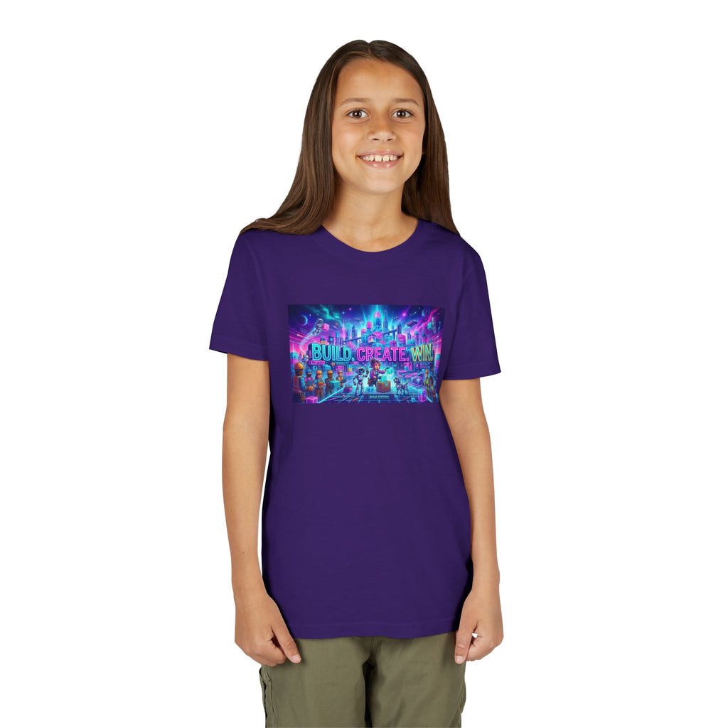 Youth Tee — “BUILD. CREATE. WIN.” Neon Builder City Design