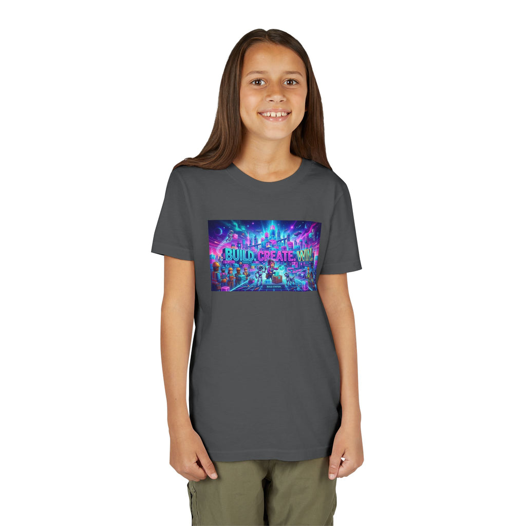 Youth Tee — “BUILD. CREATE. WIN.” Neon Builder City Design