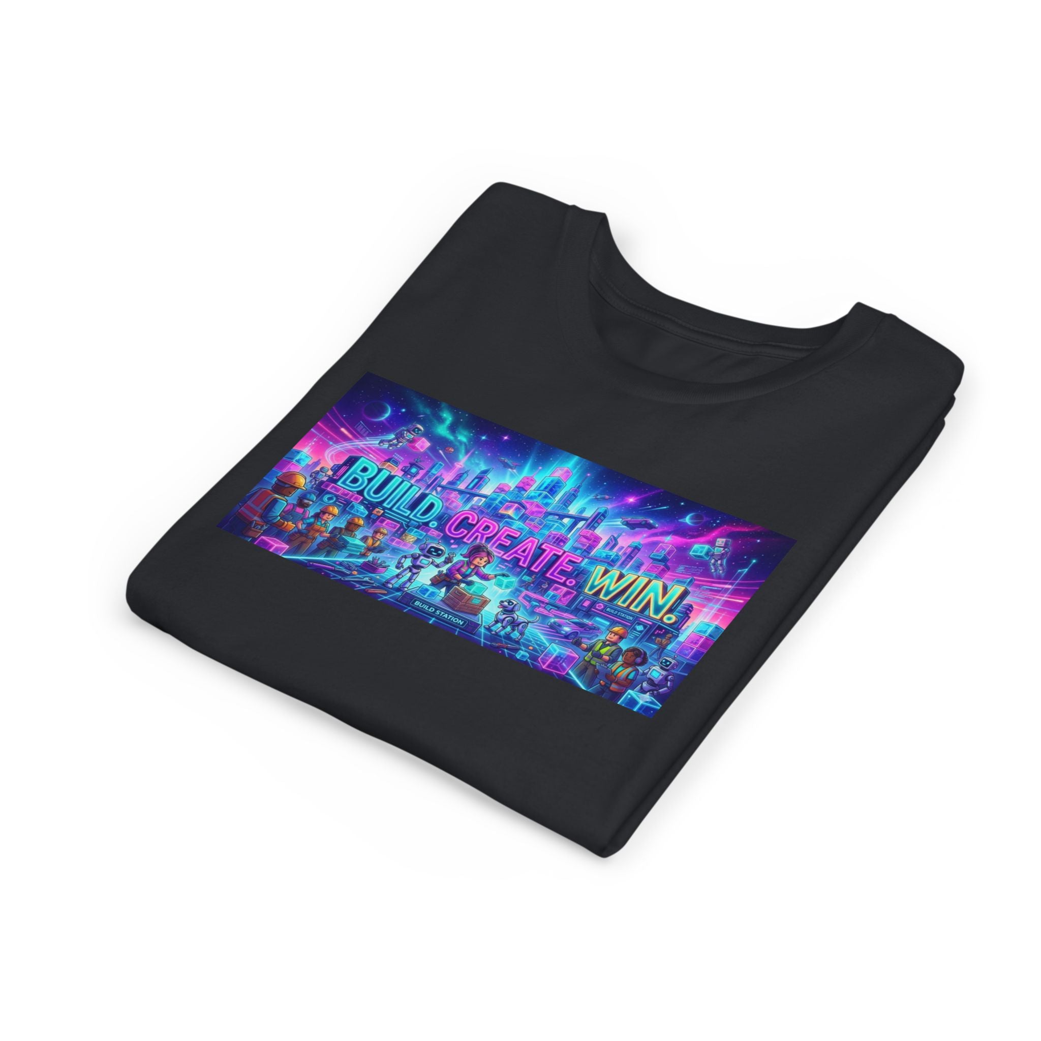 Youth Tee — “BUILD. CREATE. WIN.” Neon Builder City Design
