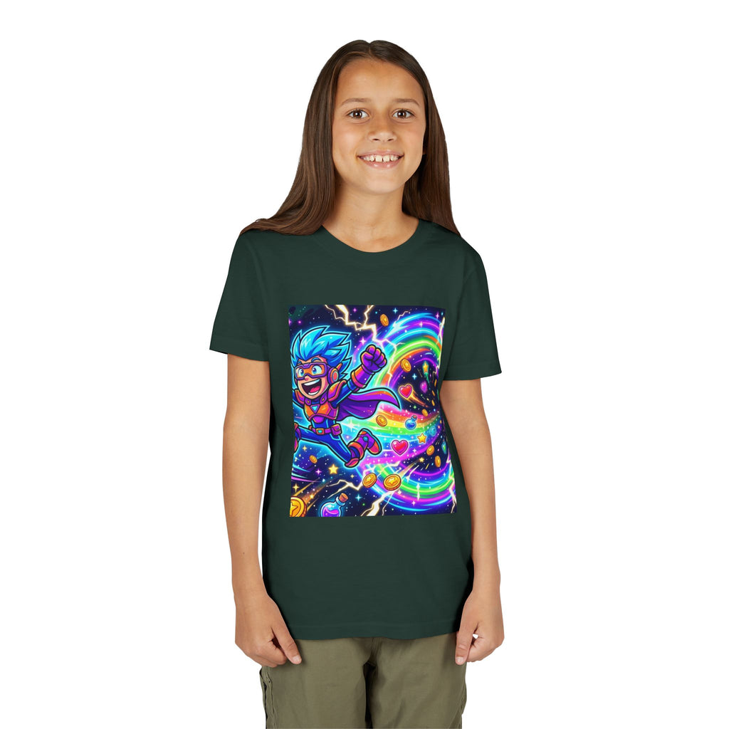 Retro Pixel Explosion Youth Tee — Smiling Avatar, Hearts, Gems & Controllers