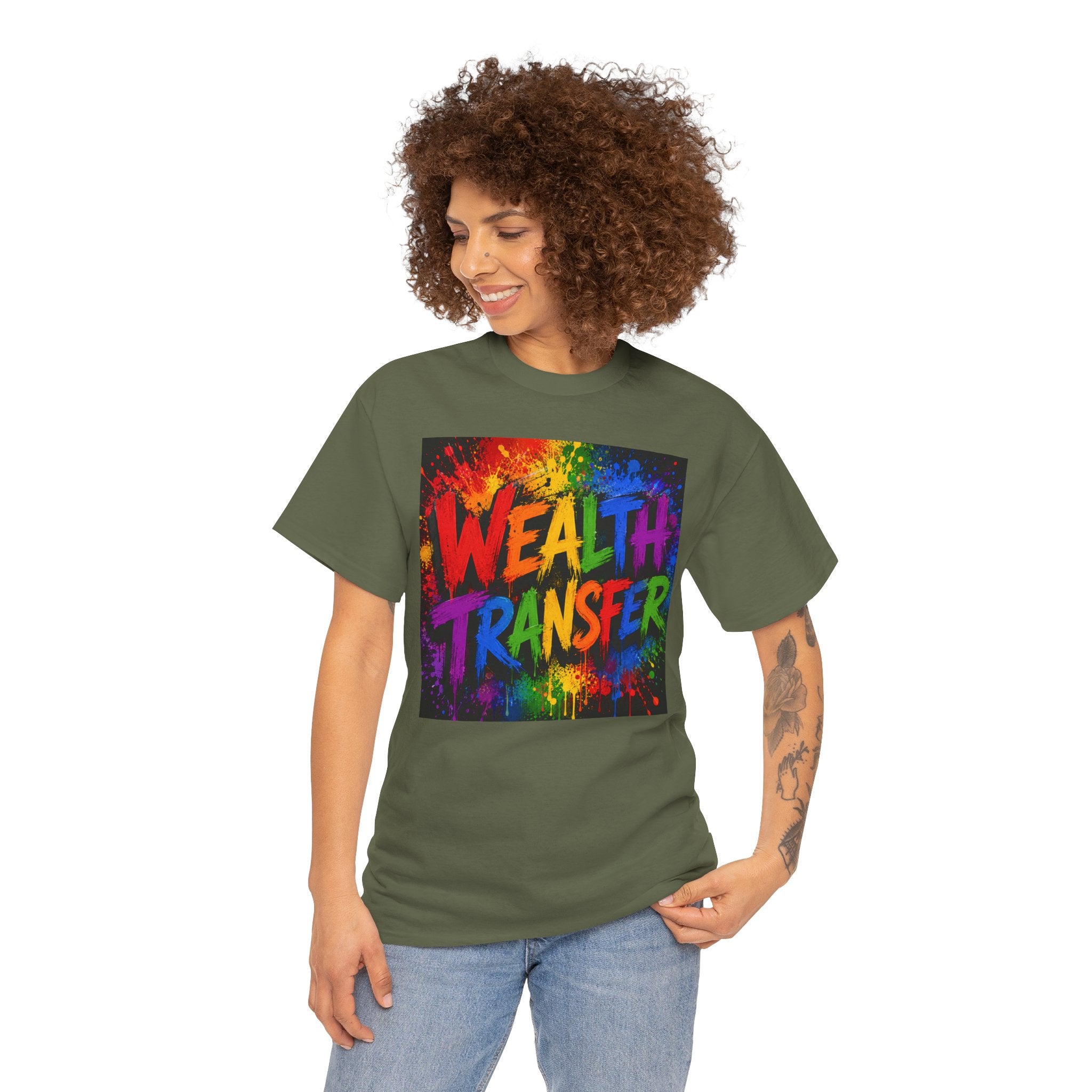Wealth Transfer T-Shirt — Rainbow Graffiti Design (Back Fist Emblem)