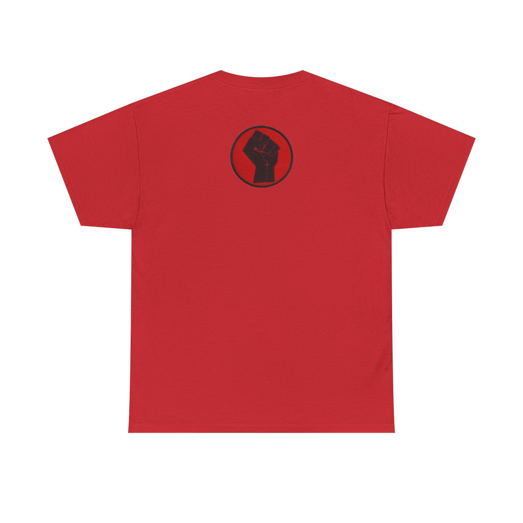 Basketball Jumpman Tee — Retro Skyline Graphic T-Shirt with Red Fist Back Emblem
