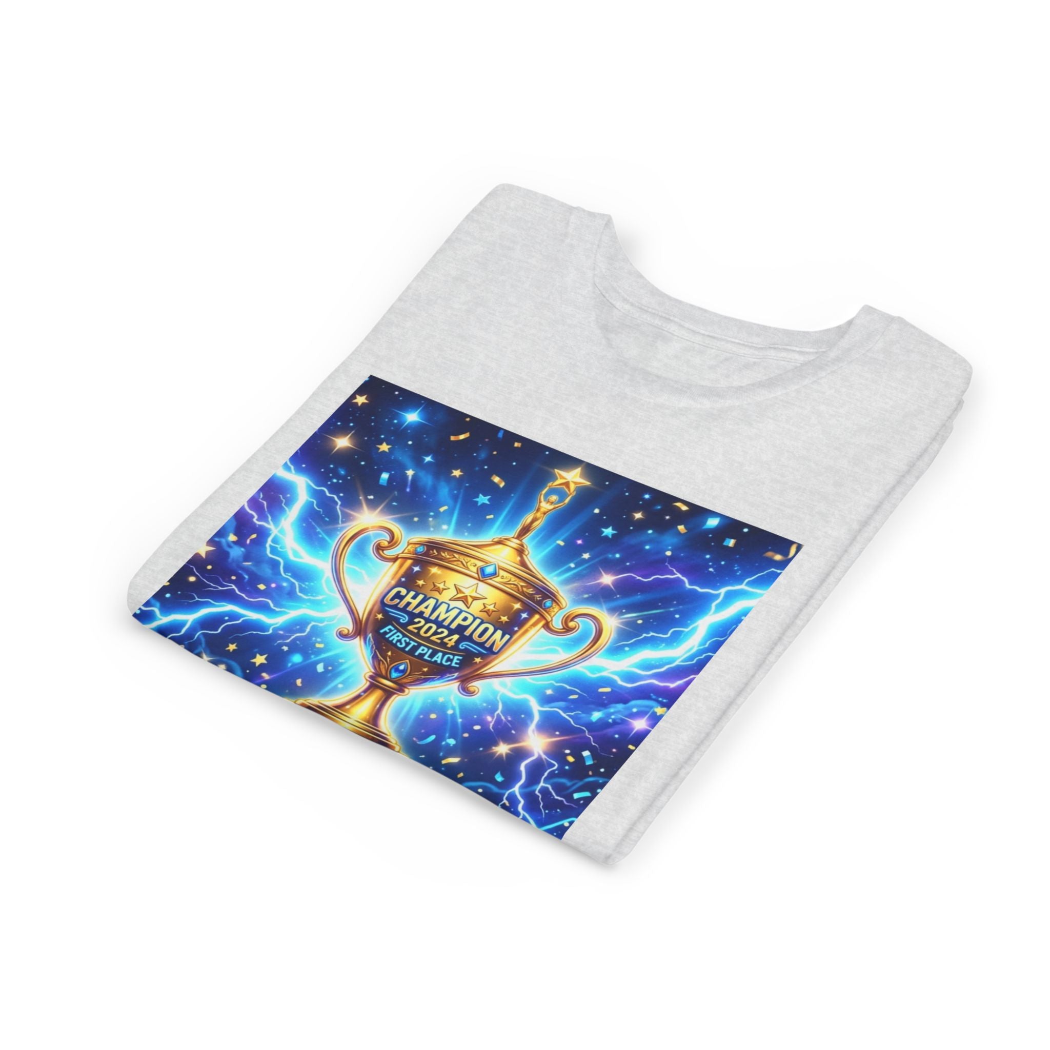 Youth Trophy Lightning Tee — Winning Kids' Short Sleeve Shirt with Stars & Confetti